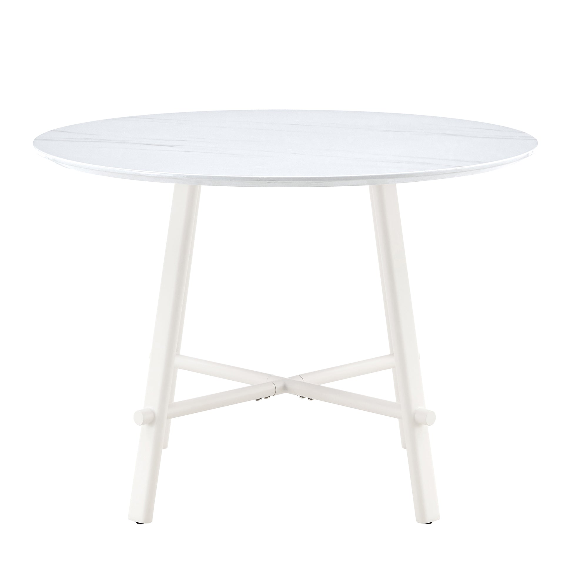 A Modern Minimalist Circular Dining Table With A 42 Inch Diameter White Patterned Tabletop And White Metal Legs. Suitable For Restaurants, Living Rooms, And Conference Rooms. White Mdf Metal