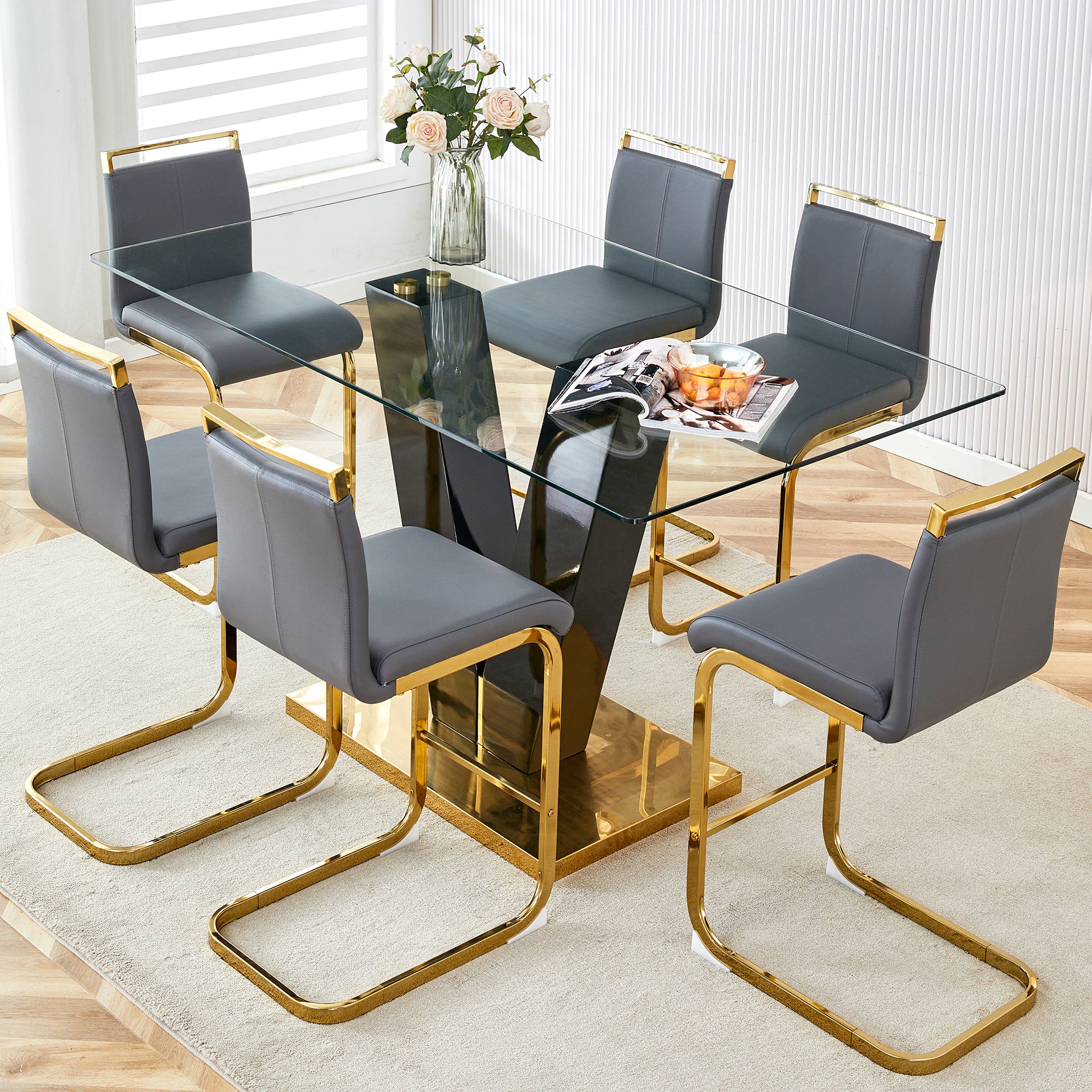 Table And Chair Set,Clear Tempered Glass And Black Legs Of The Table, Pu And Gold Legs Of The Chair Black Grey Seats 6 Tempered Glass