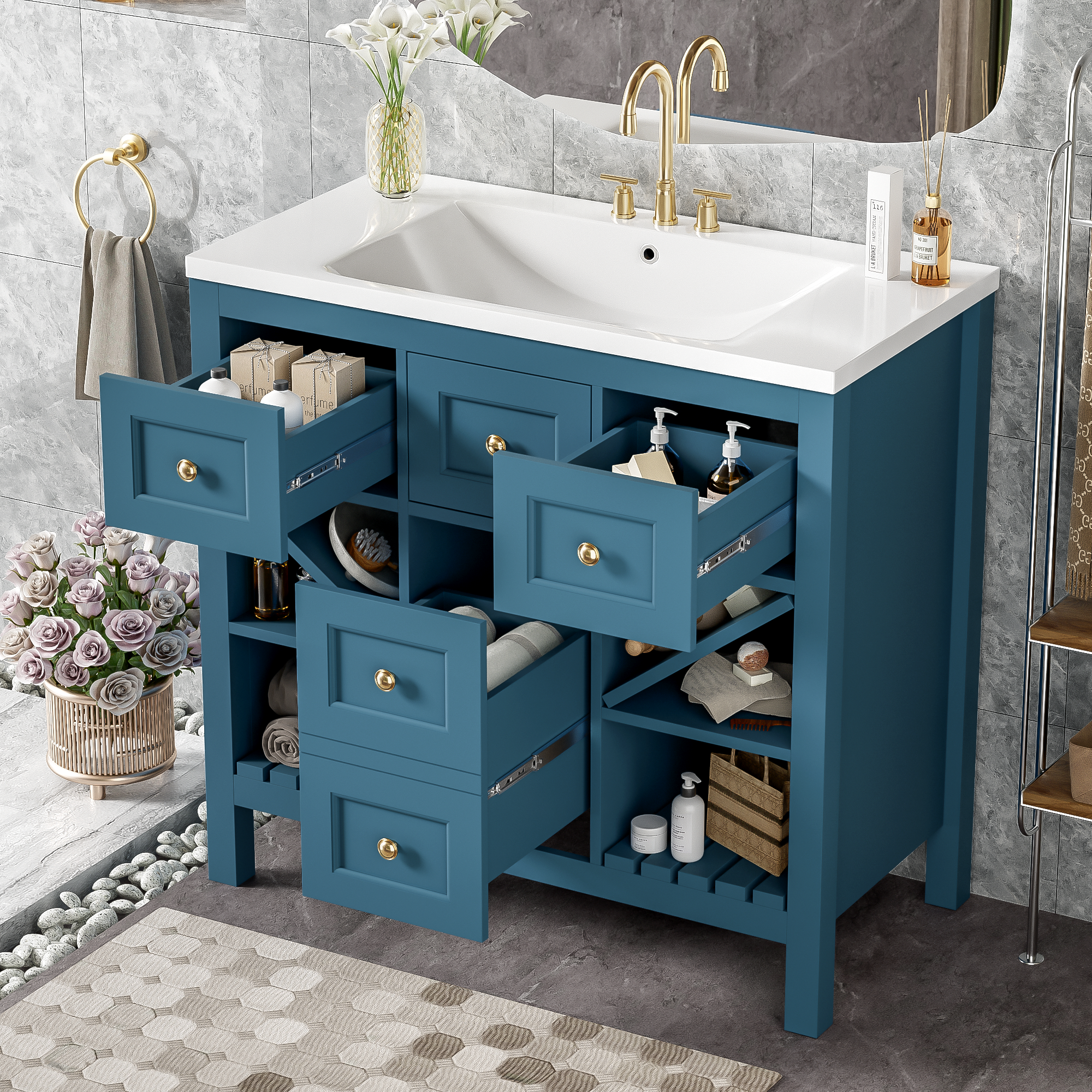 36'' Bathroom Vanity With Resin Sink Combo, Solid Wood Frame Bathroom Storage Cabinet, Freestanding Vanity Set With 5 Drawers& Soft Closing Doors Same As Sw000141Aam Blue Bathroom Solid Wood Mdf Resin