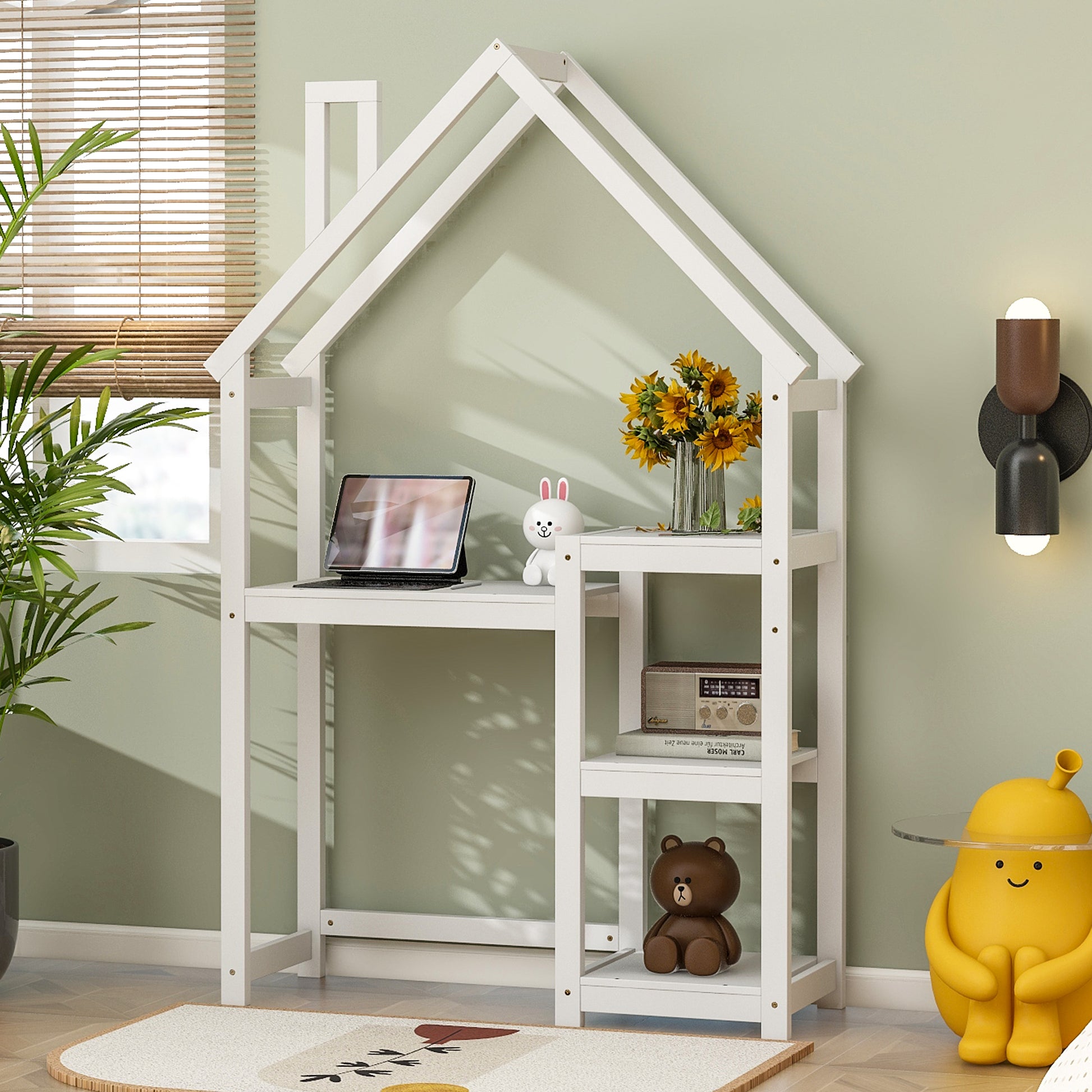 House Shaped Wooden Writing Desk,Kids Study Table,Bookshelf & Toy Storage,White Twin White American Design Pine
