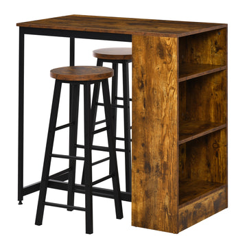 Homcom 3 Piece Industrial Pub Table And Chairs, Counter Height Bar Table And Stools Set With Storage Shelf, Rustic Brown Rustic Brown Particle Board