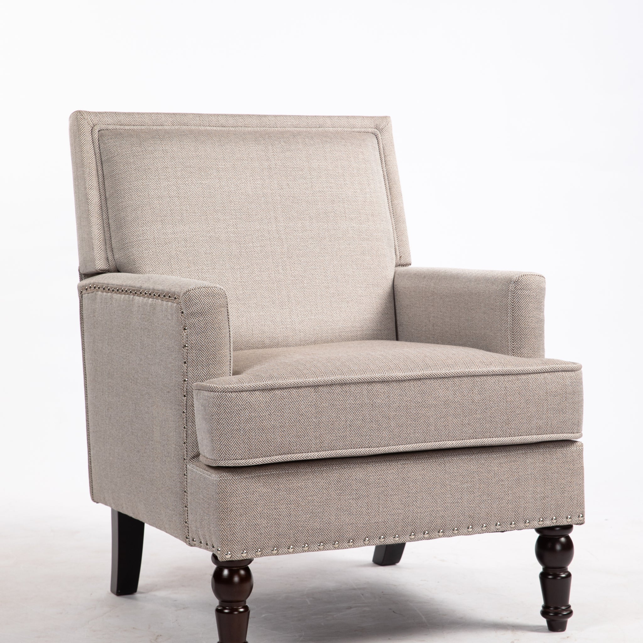 Upholstered Accent Chair, Vintage Armchair With Blue And White Striped Linen Fabric And Trim For Living Room Grey Cotton