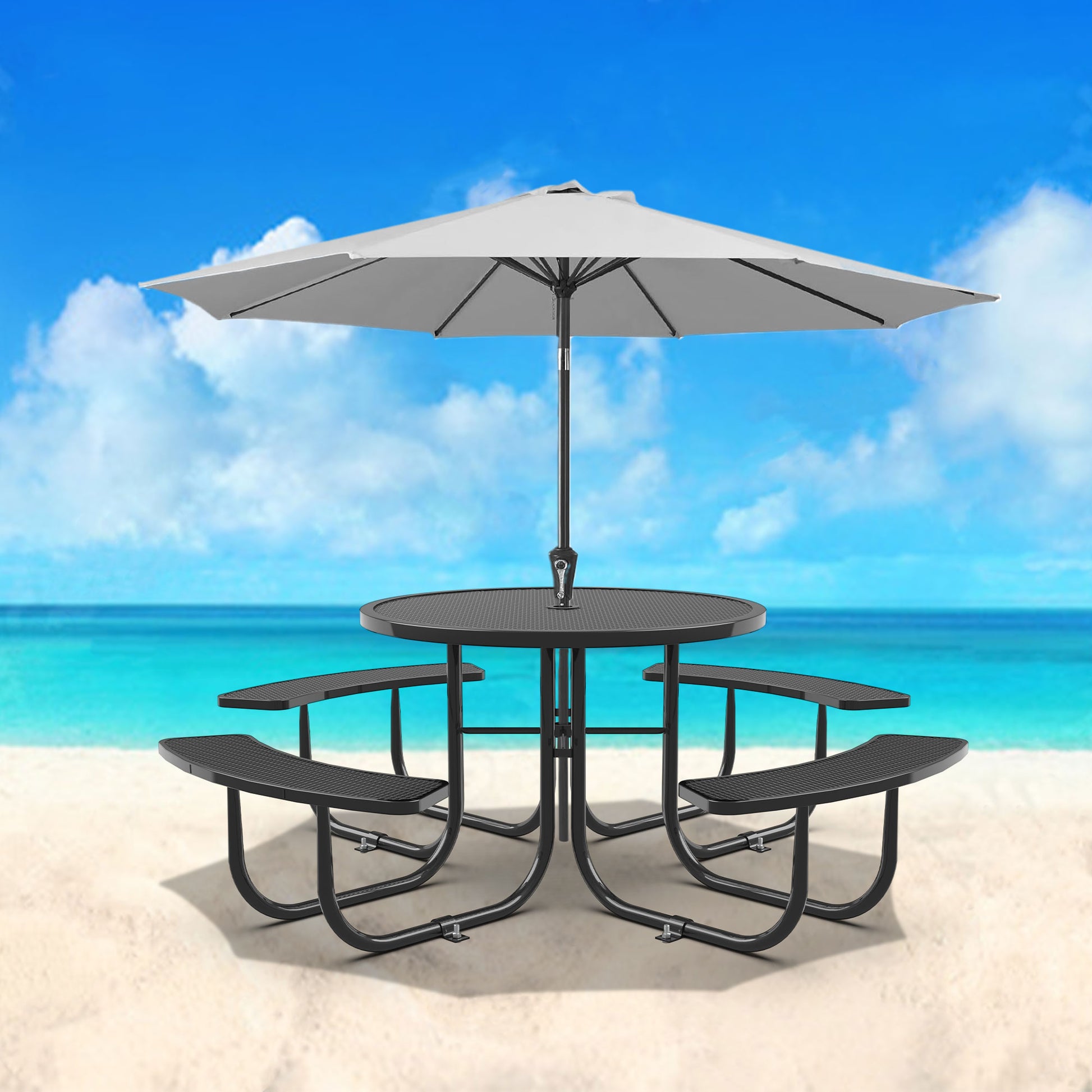 Round Outdoor Steel Picnic Table 46" Blue ,With Umbrella Pole,Black Black Steel Steel