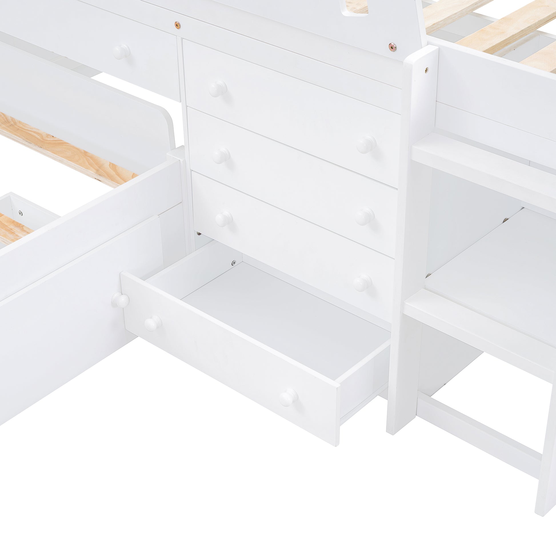 L Shaped Space Saving Twin Loft And Twin Platform Bed With 7 Drawers And Full Guardrails White Twin White Solid Wood