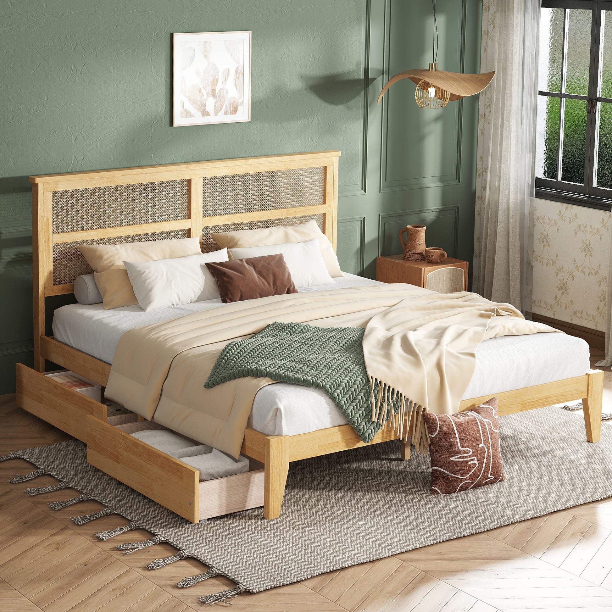 King Size Bed With Rattan Headboard, Two Storage Drawers, Rubber Wood Bed With Enhanced Support Salts And Feet,White Oak King White Oak Rubber Wood