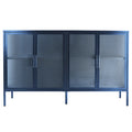 Stylish 4 Door Tempered Glass Cabinet With 4 Glass Doors Adjustable Shelf And Feet Anti Tip Dust Free Fluted Glass Kitchen Credenza Blue Blue Tempered Glass Sheet Metal Plastic