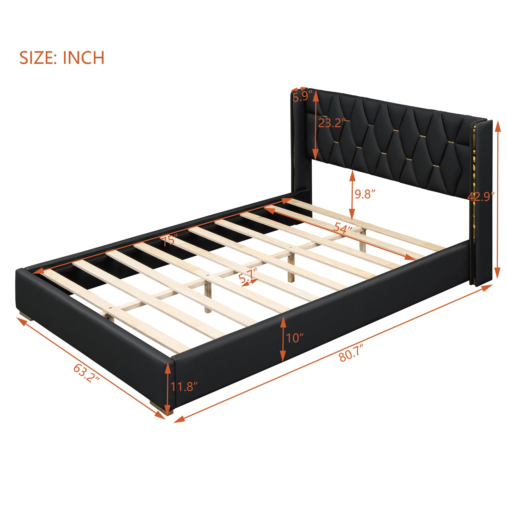 Full Size Upholstered Platform Bed With Metal Strips, Black Full Black Pu