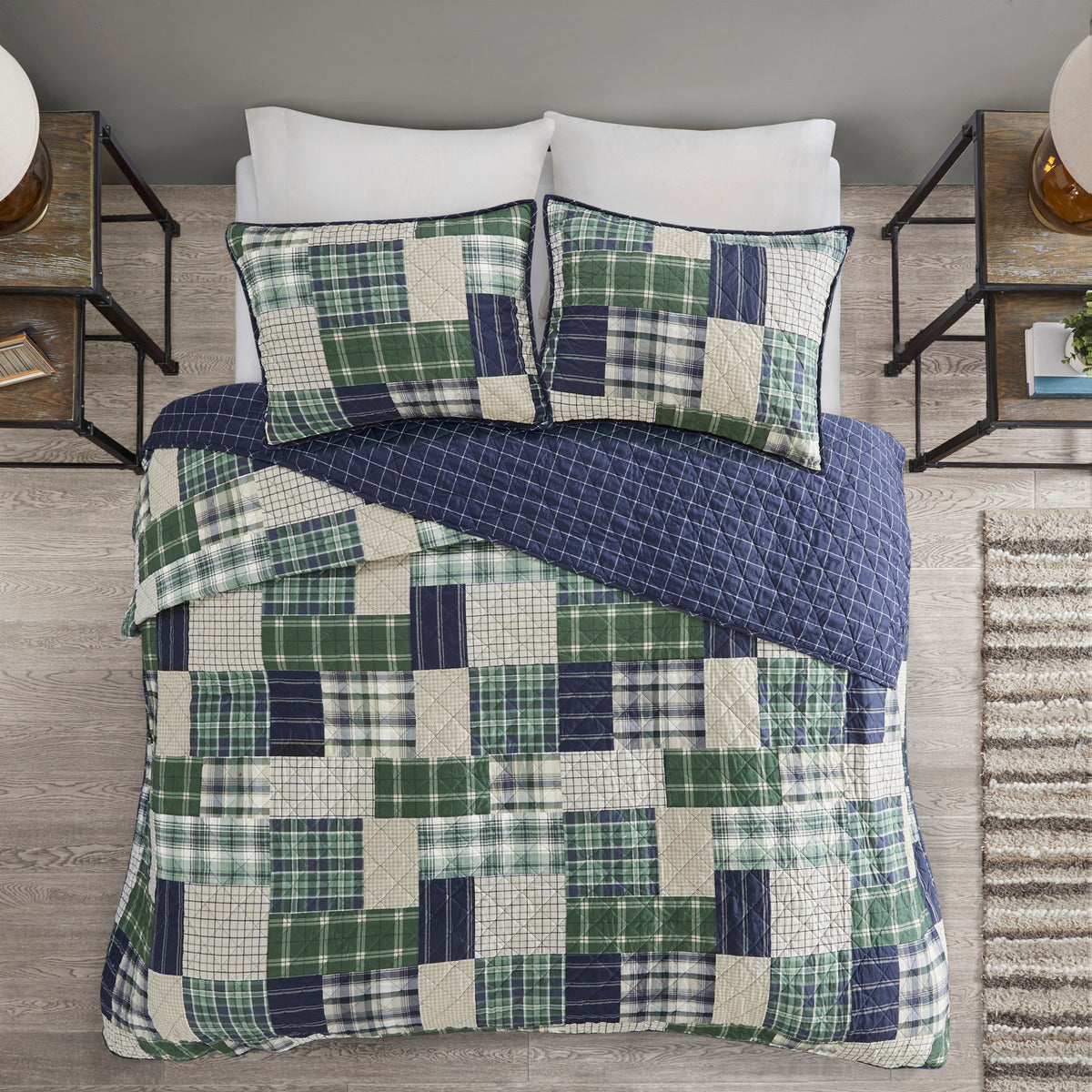3 Piece Reversible Printed Quilt Set Green Navy Full Queen Green Navy Microfiber