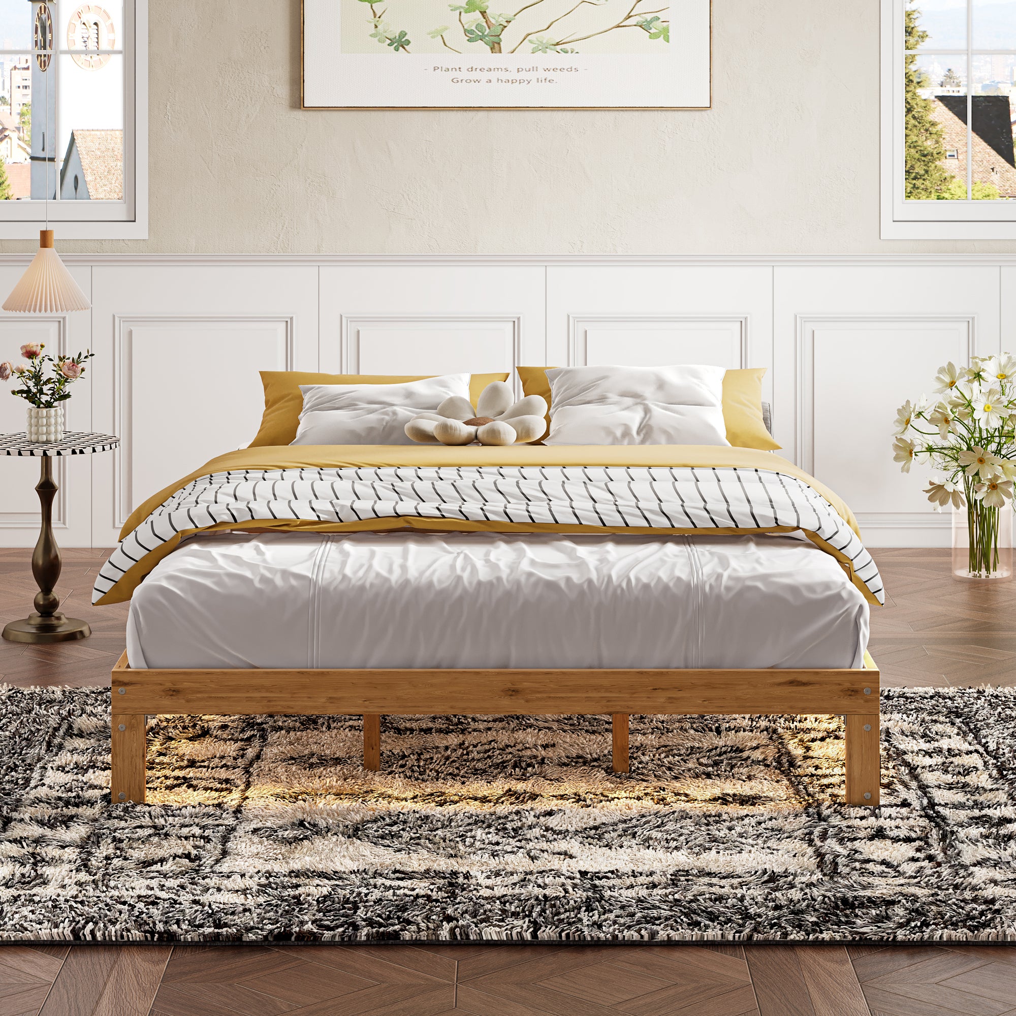 Queen Size Wood Platform Bed Frame 12 Inch Solid Wood Queen Bed Frame With Slat Support, No Box Spring Needed, Easy Assembly Rustic Pine Box Spring Required Queen Natural Wood Brown Wood Brown