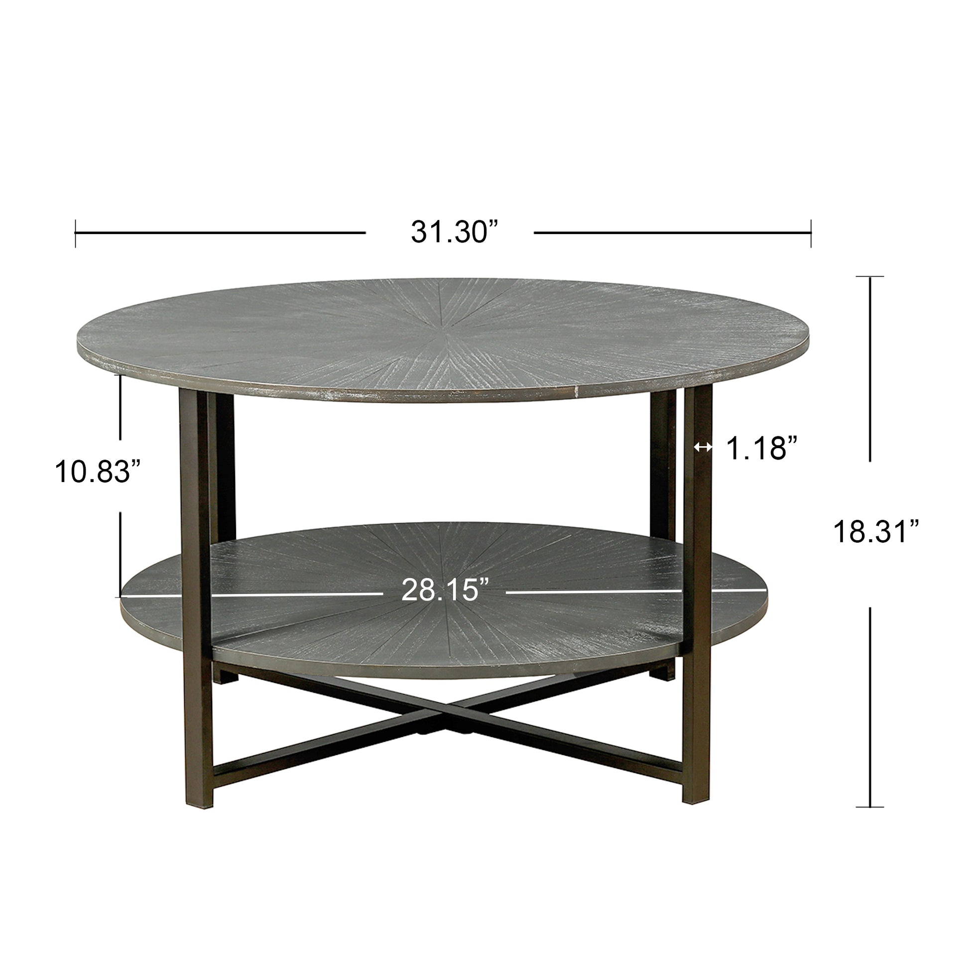 31.5"D X 31.5''W X 18.3''H Round Coffee Table With 2 Tier Storage, Farmhouse Living Room Cocktail Table With Black Metal Leg,Patchwork Desktop Effect Easy Assembly Antique Gray Antique Gray Primary Living Space American Design Floor Mount Round Open