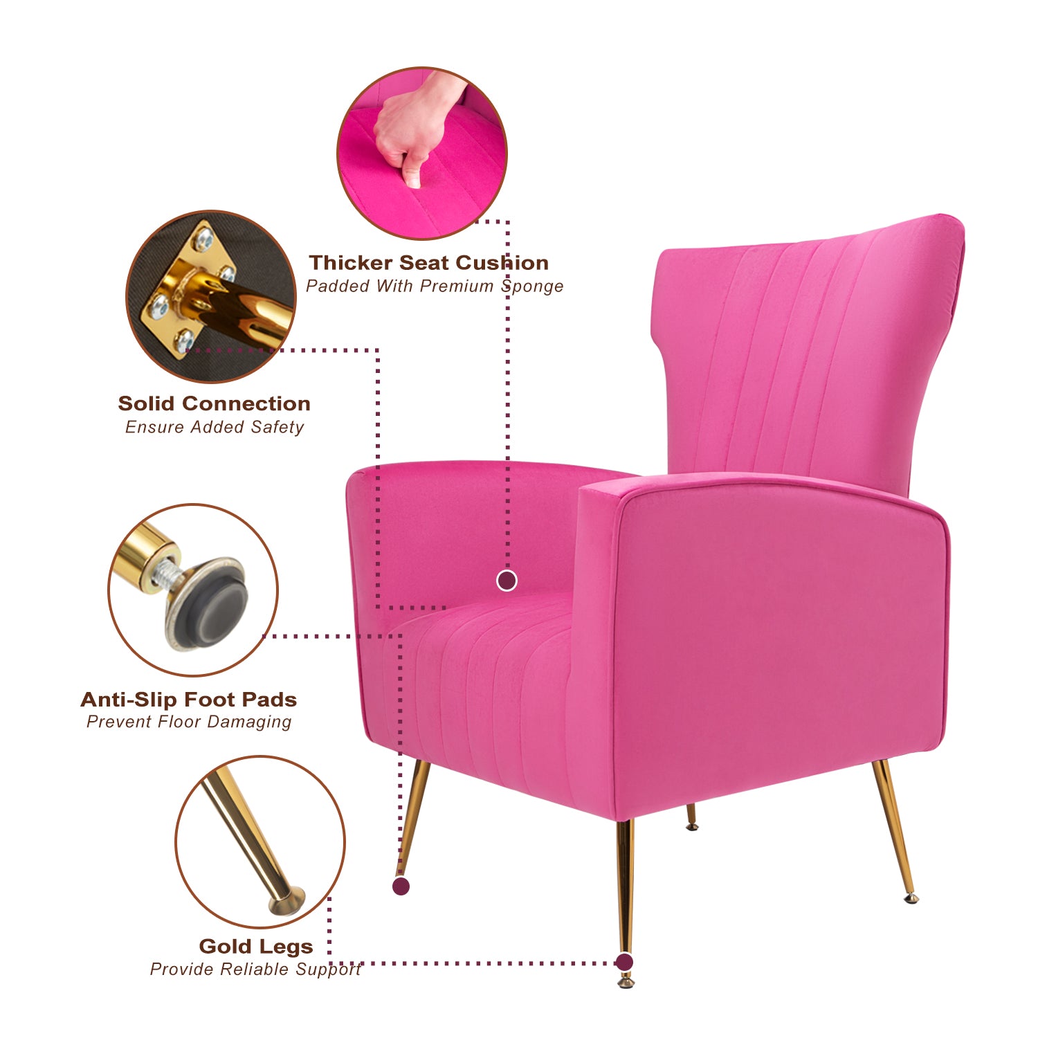 Velvet Accent Chair, Wingback Arm Chair With Gold Legs, Upholstered Single Sofa For Living Room Bedroom Rose Red Velvet 1 Seat