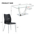 Table And Chair Set.Contemporary, Minimalist Rectangular Dining Table Featuring A Clear Tempered Glass Top And Sleek Silver Legs. Paried With Chairs Made Of Pu Material Cushion And Silver Metal Legs. Black Seats 6 Glass Metal