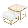 Nesting Coffee Table With Drawer, Set Of 2, Exquisite Square Stacking Coffee Tables With Brown Tempered Glass, Side Table With High Gloss Marble Grain Tabletop For Living Room, White White Gold Primary Living Space Drawers Square Mdf Steel
