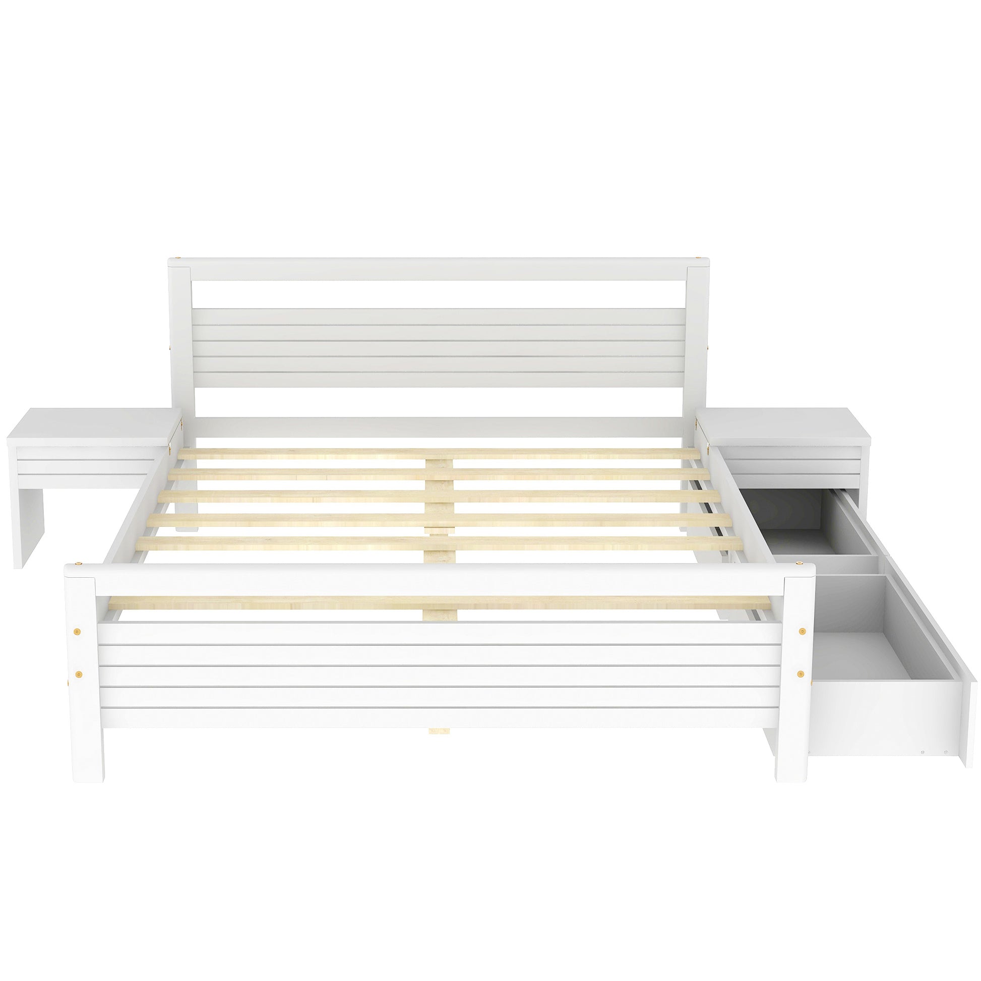 Queen Size Wooden Platform Bed With 2 Storage Drawers And 2 Bedside Tables, White Queen White Pine