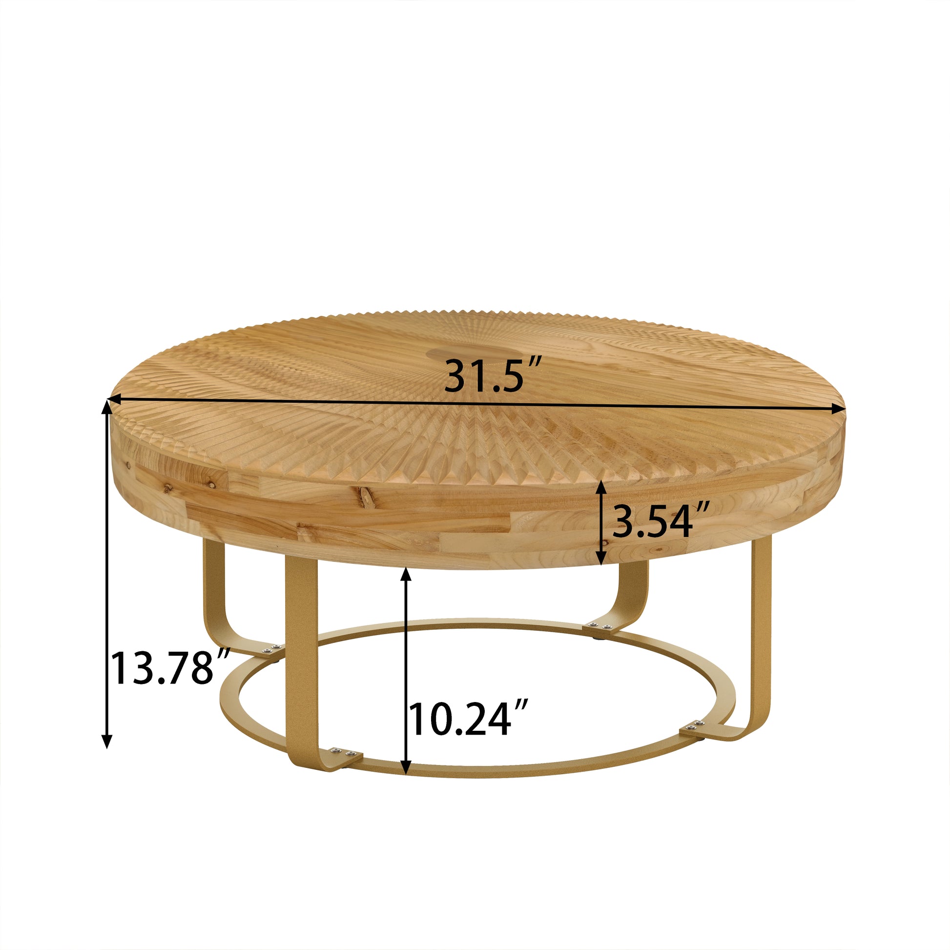Modern Round Coffee Table Wooden Carving Pattern Coffee Table With Metal Legs For Living Room Reception Room Office Golden Natural Gold Pine