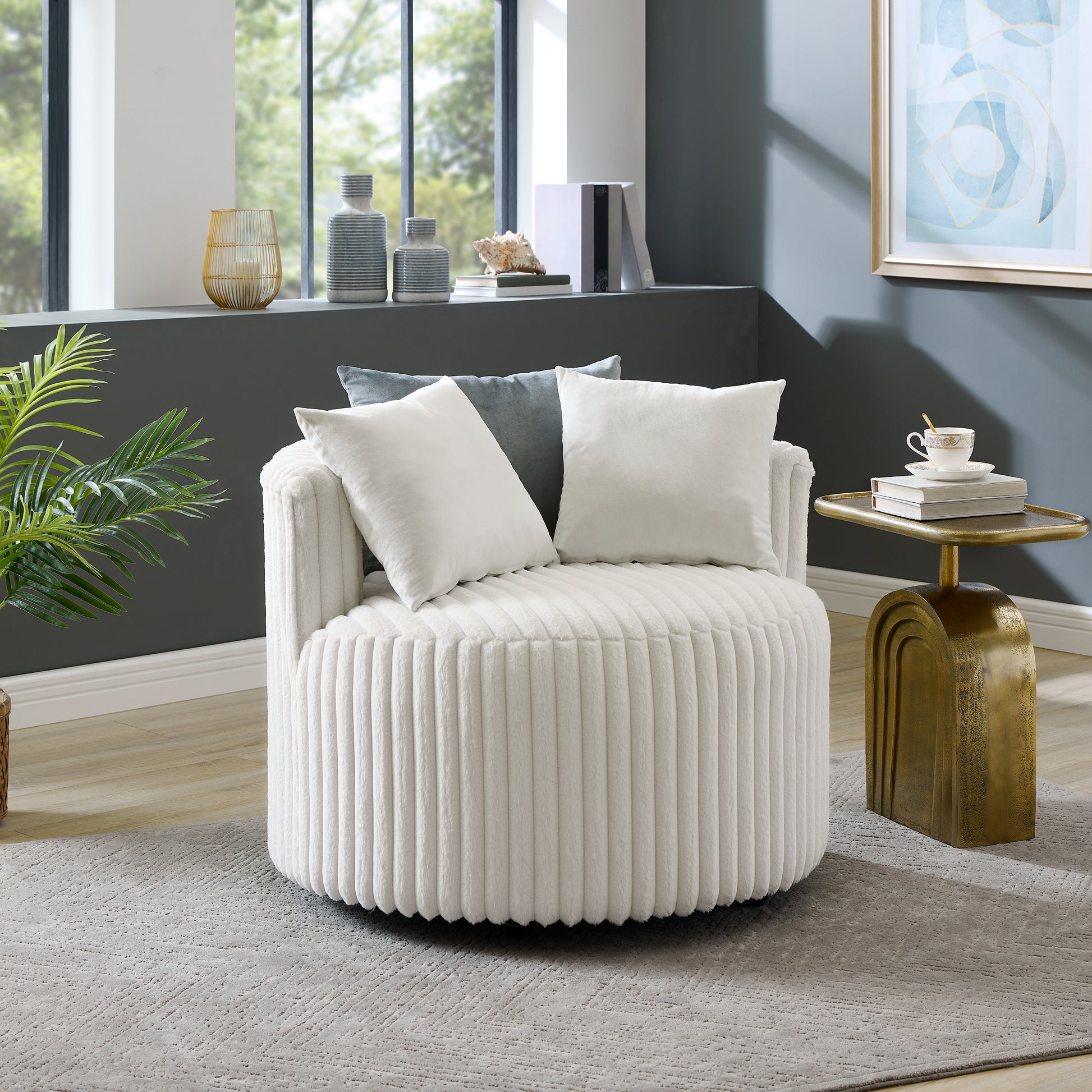 Malna Plush Wide Wale Corduroy Upholstered Barrel Accent Chair With Wheels, Off White Off White Primary Living Space Contemporary,Modern Polyester Metal & Wood,Polyester