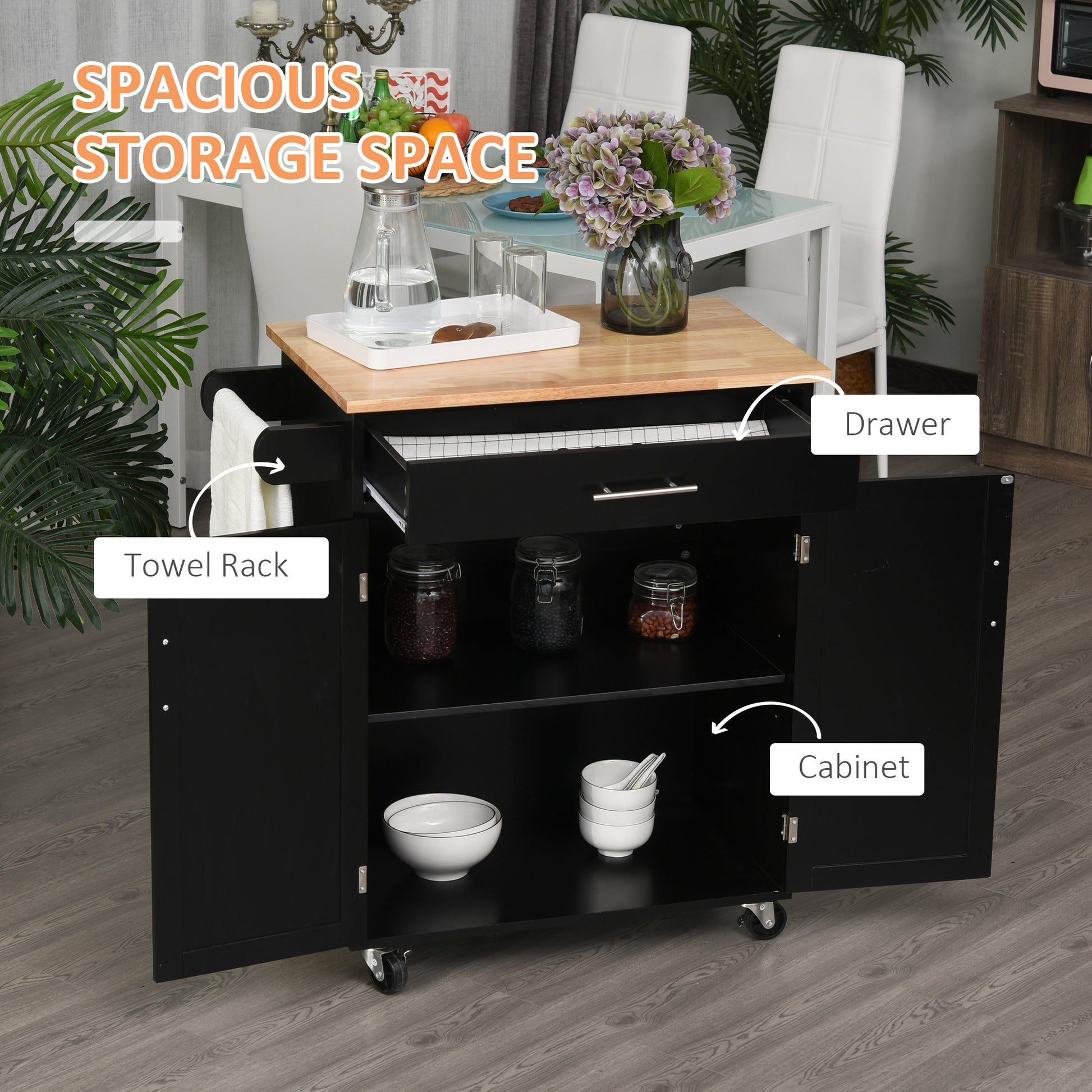 Homcom Kitchen Island Cart Rolling Trolley Cart With Drawer, Storage Cabinet & Towel Rack, Black Black Rubber Wood