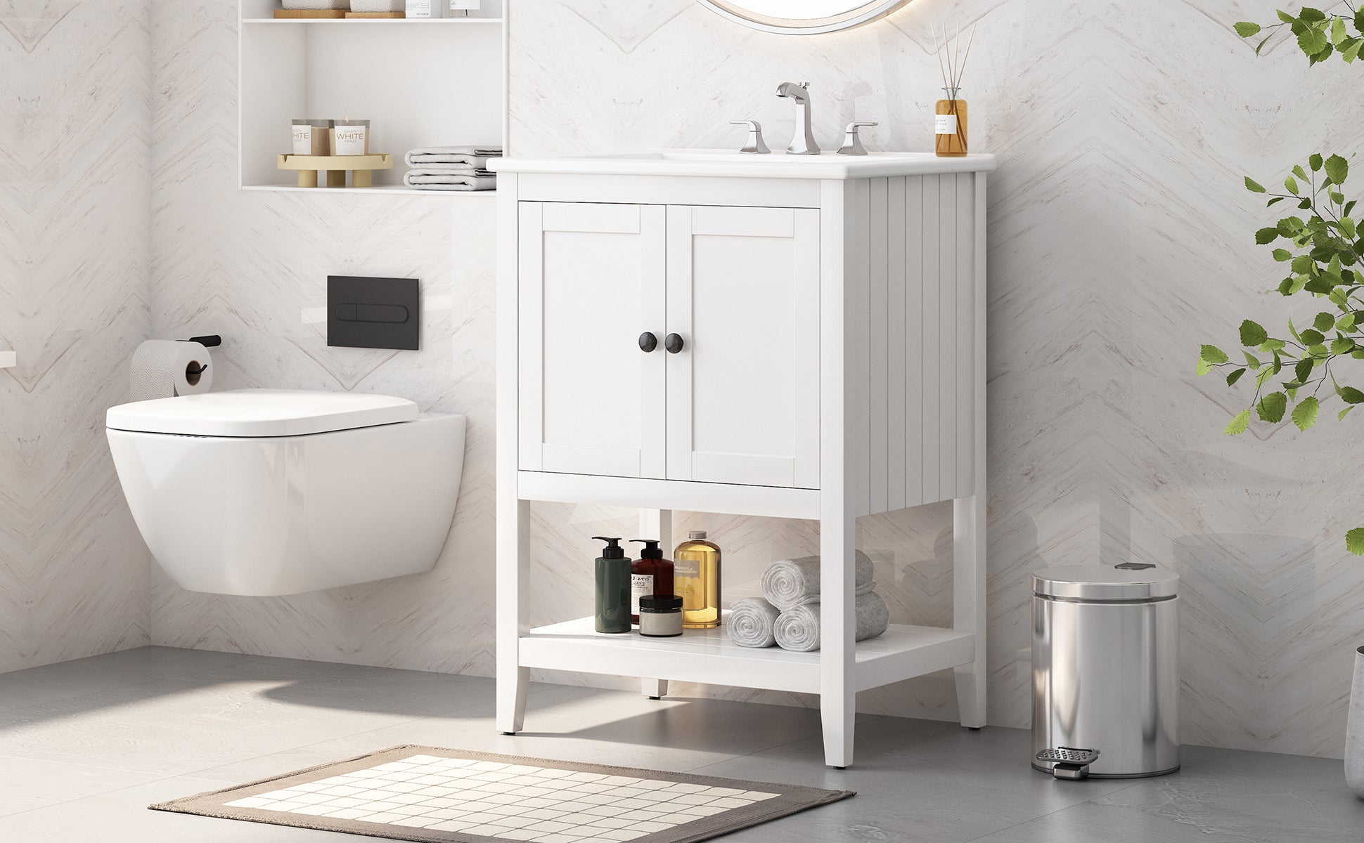 24" White Modern Sleek Bathroom Vanity Elegant Ceramic Sink With Solid Wood Frame Open Style Shelf White Solid Wood