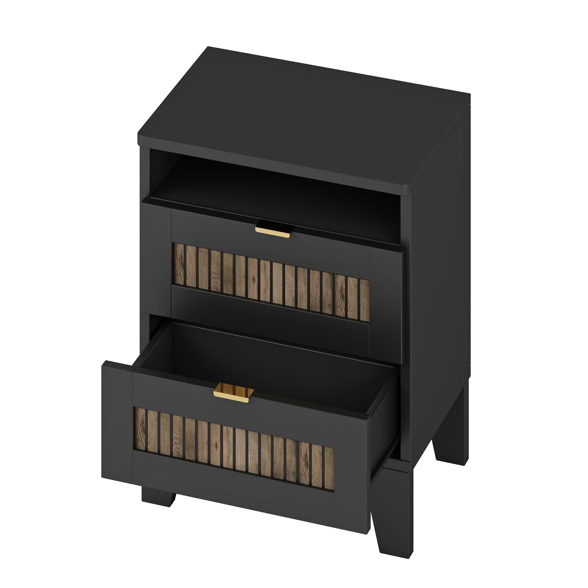 2 Drawer Farmhouse Wooden Nightstand With Wooden Strip Decoration And Metal Handle, Wood Side Table With Storage Cabinet For Bedroom, Black Black Particle Board