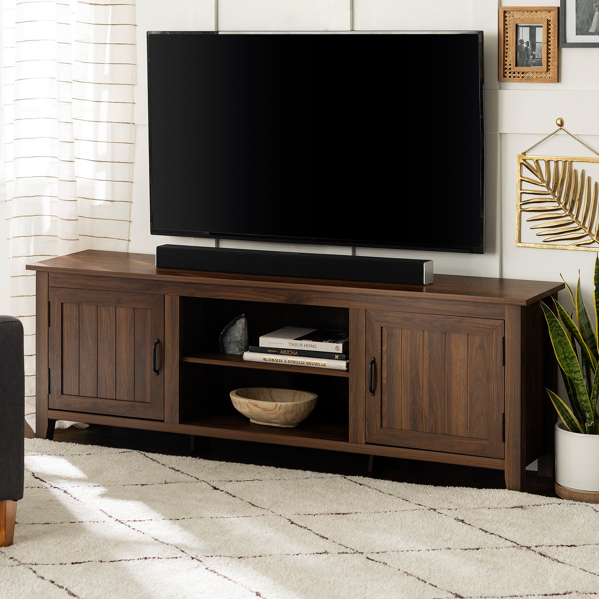 Modern Farmhouse 2 Door Grooved 70" Tv Stand For 85" Tvs Dark Walnut Dark Brown Mdf