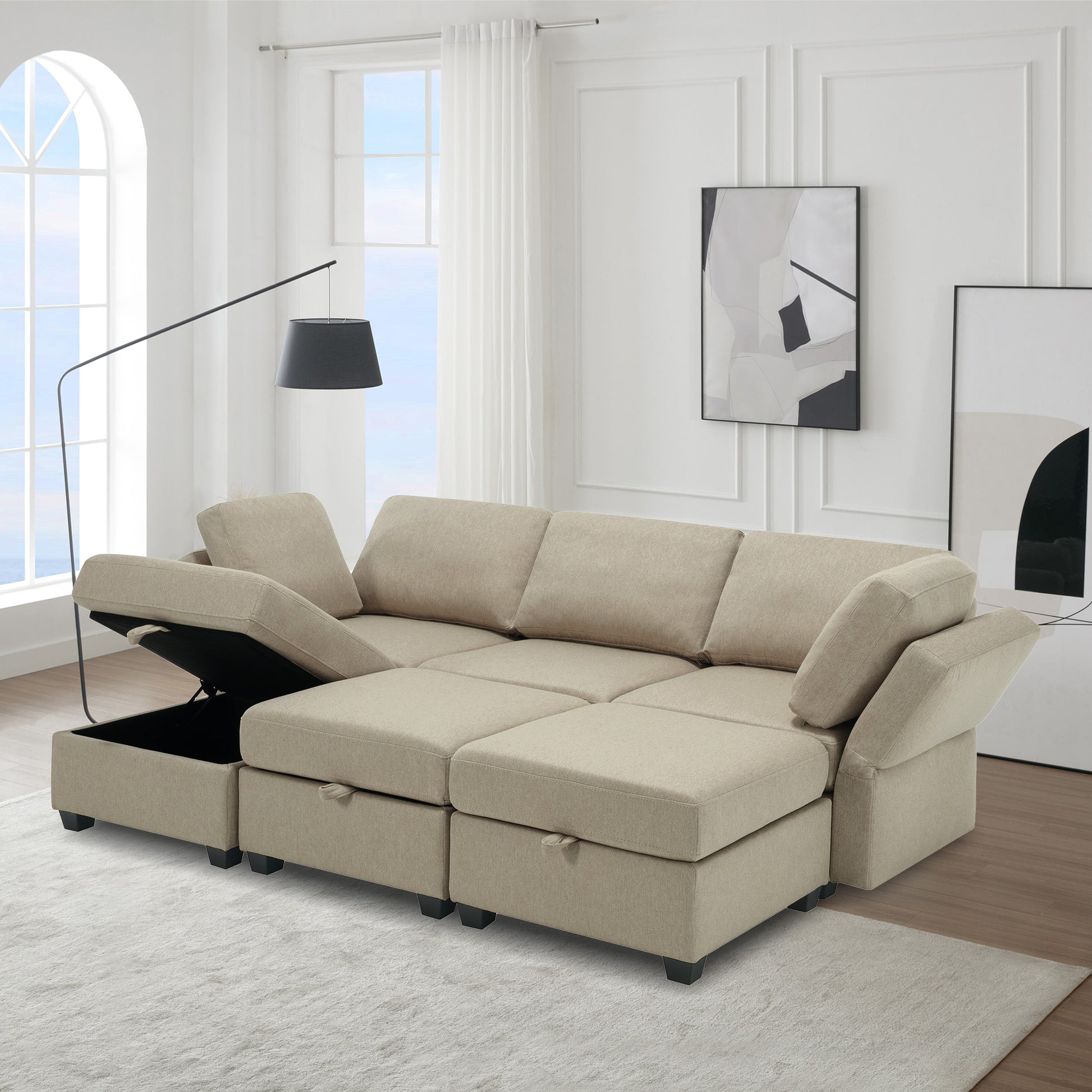Modular Sectional Sofa Couch Bed With Storage 6 Seater, Sleeper Sofa Bed Couch With Reversible Chaise Ottomans, Adjustable Arms And Backs Beige Beige Polyester 3 Seat