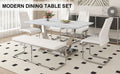 Table And Chair Set. Large Modern Rectangular Table With White Textured Top And Silver Metal Legs. Soft And Comfortable Pu Seats, Faux Leather Upholstered Seats And Sturdy Metal Legs. White Mdf Metal