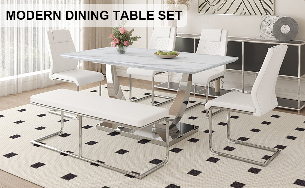 Table And Chair Set. Large Modern Rectangular Table With White Textured Top And Silver Metal Legs. Soft And Comfortable Pu Seats, Faux Leather Upholstered Seats And Sturdy Metal Legs. White Mdf Metal