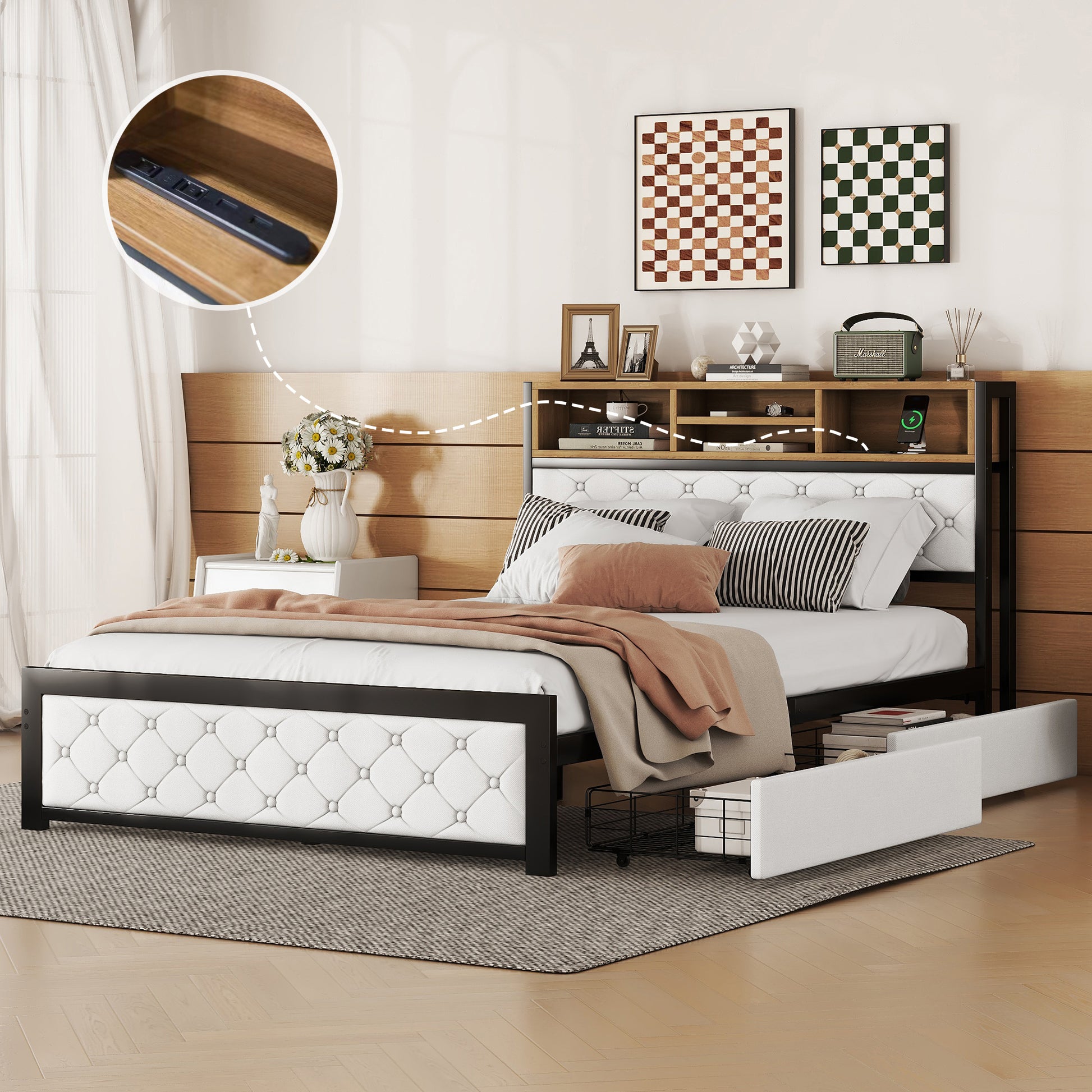 Metal Full Size Platform Bed With 4 Drawers, Upholstered Headboard And Footboard, Sockets And Usb Ports, White Full White Black Fabric Metal
