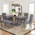 Contemporary 6 Piece 78Inch Extendable Pedestal Dining Table Set With 18Inch Removable Leaf And Dining Bench, 4 Upholstered Dining Chairs, Gray Gray Wood Dining Room Solid Wood Rubberwood Rectangular Dining Table With Chair And Bench Upholstered Chair