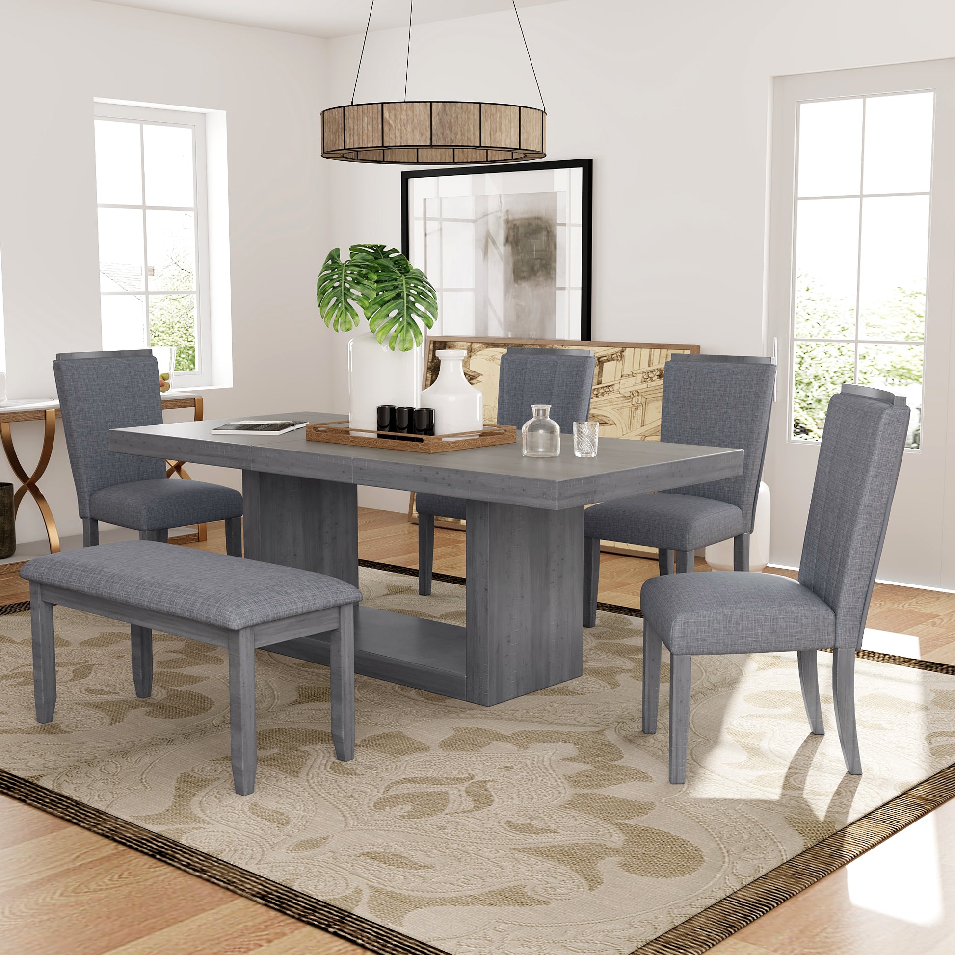 Contemporary 6 Piece 78Inch Extendable Pedestal Dining Table Set With 18Inch Removable Leaf And Dining Bench, 4 Upholstered Dining Chairs, Gray Gray Wood Dining Room Solid Wood Rubberwood Rectangular Dining Table With Chair And Bench Upholstered Chair