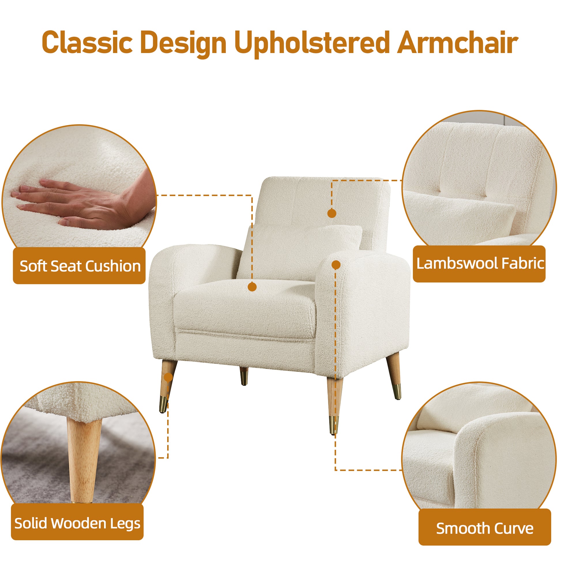Mid Century Modern Accent Chair, Upholstered Armchair Living Room Chair, Comfy Single Sofa Chair With Metal Legs, Polyester Fabric Chair For Living Room Bedroom White Sherpa
