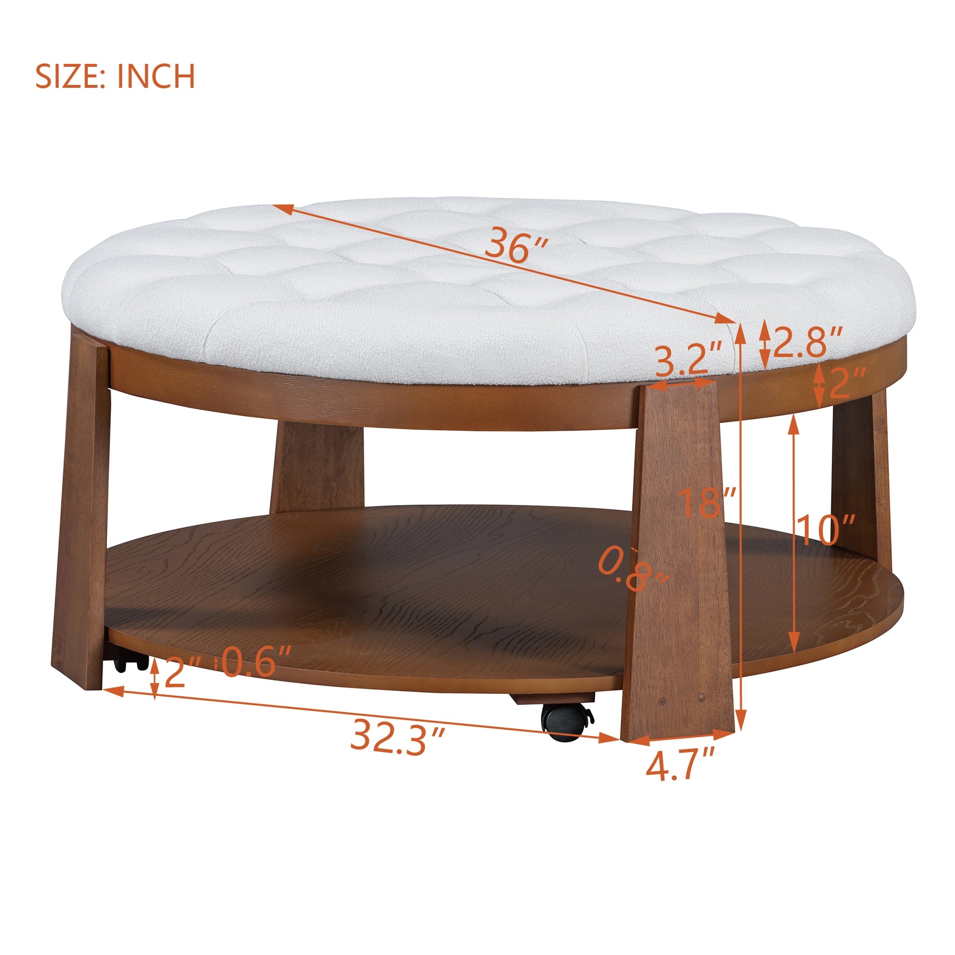 Modern Large Round Ottoman Coffee Table 2 Tier Oversized Button Tufted Ottoman With Wood Shelf Storage Upholstered Coffee Table For Living Room Footrest Ottoman With Wheel, Waterproof Linen Ivory White Rubber Wood