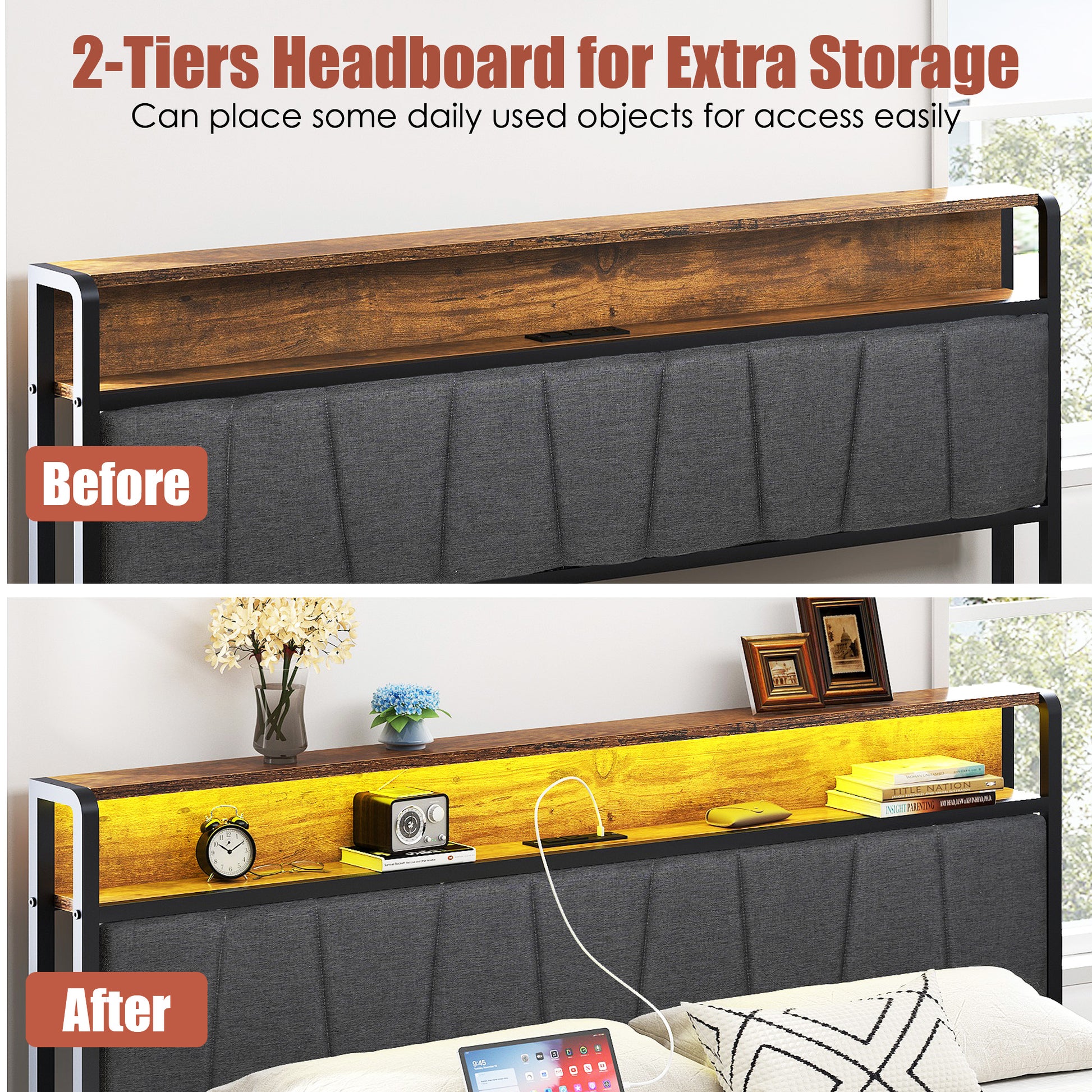 Twin Size Bed Frame Upholstered Platform Bed Frame With Storage Drawers, Usb Ports, Led Lights, Upholstered Wingback Headboard, Rustic Brown Box Spring Not Required Twin Antique Black Metal Brown