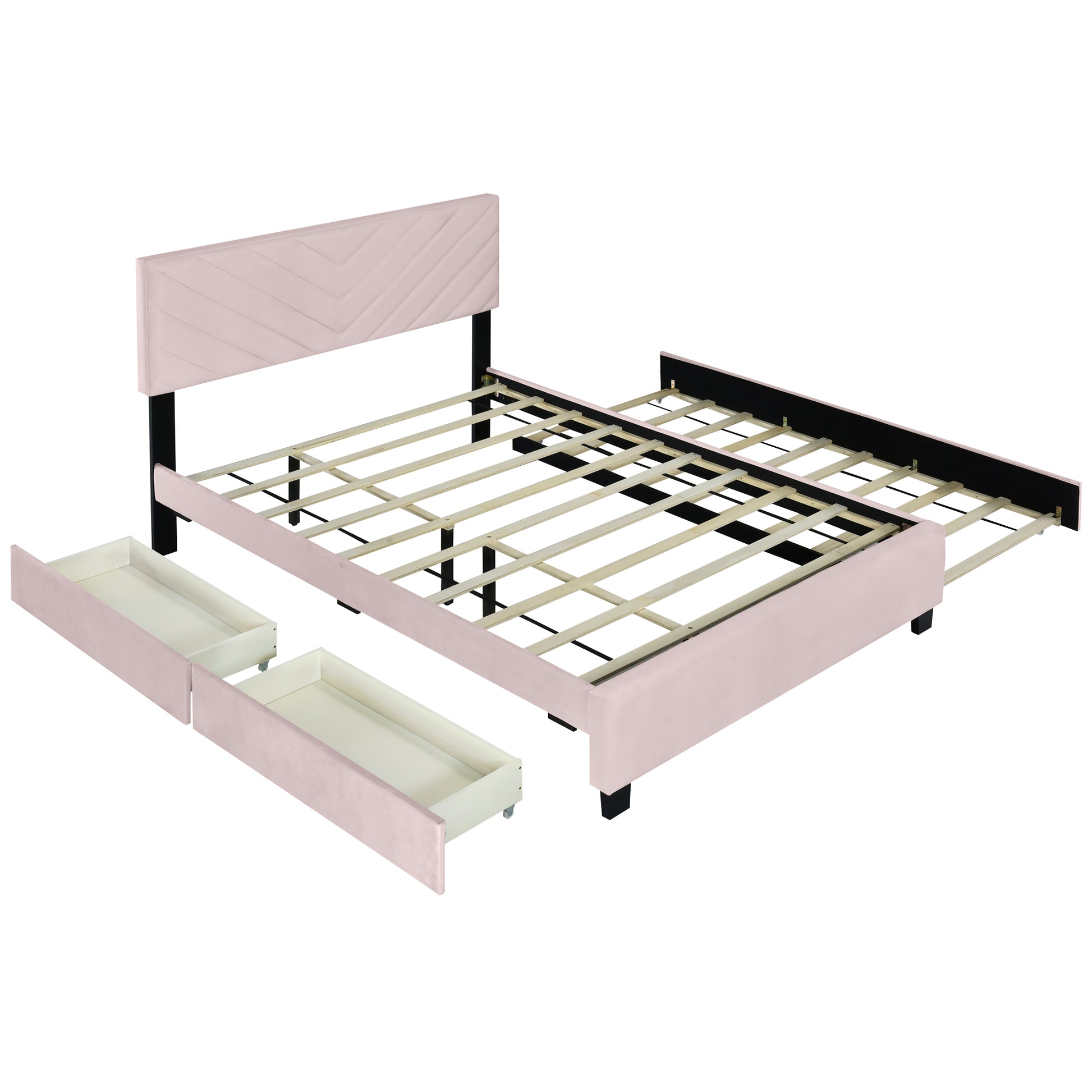 Queen Size Upholstered Platform Bed With Twill Headboard, Pullout Bed And Two Drawers, Flannel,Pink Queen Pink Mdf Lvl