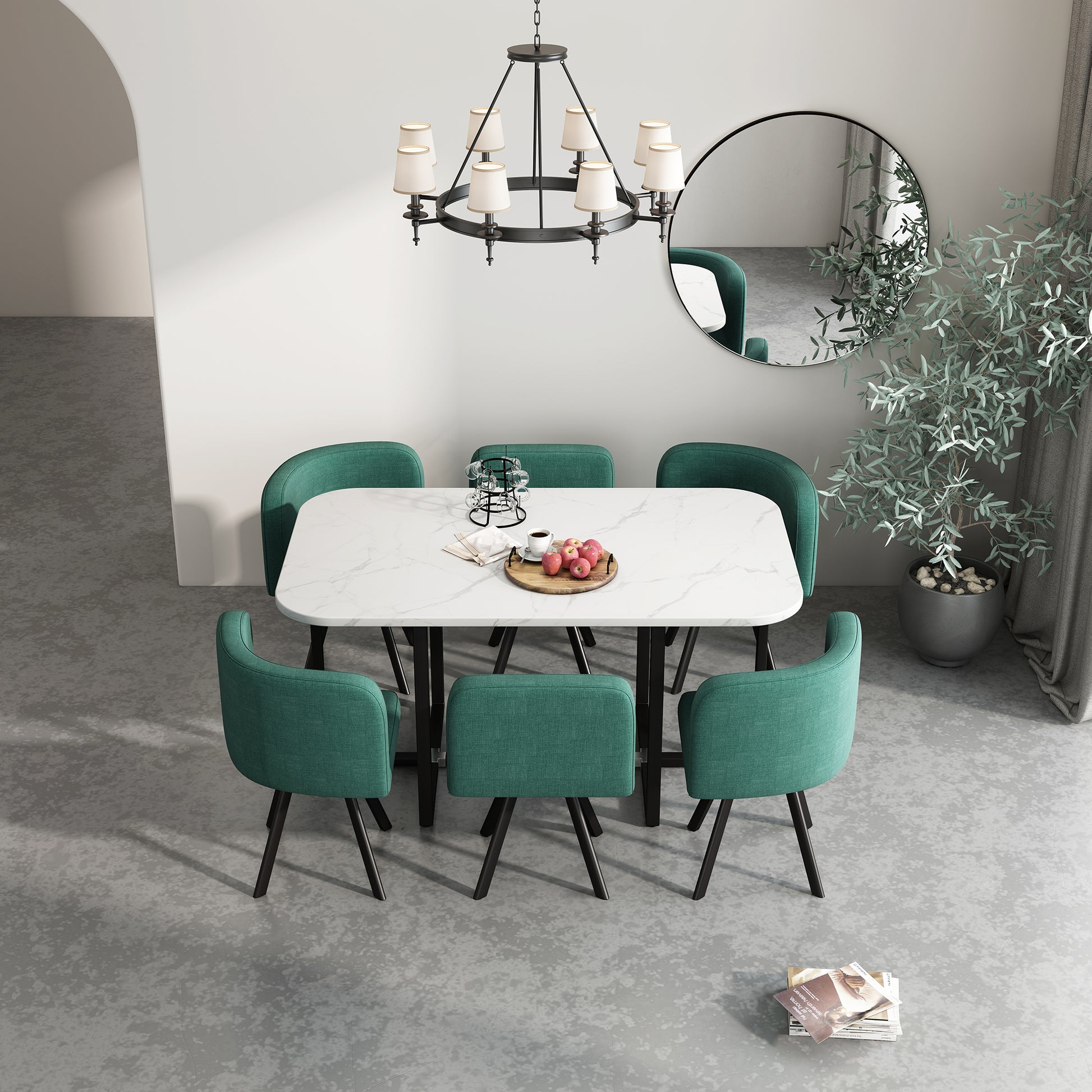 Modern 7 Pieces Dining Table Set, Rectangle Dining Table With 6 Chairs For Dining Room, Kitchen Green Fabric