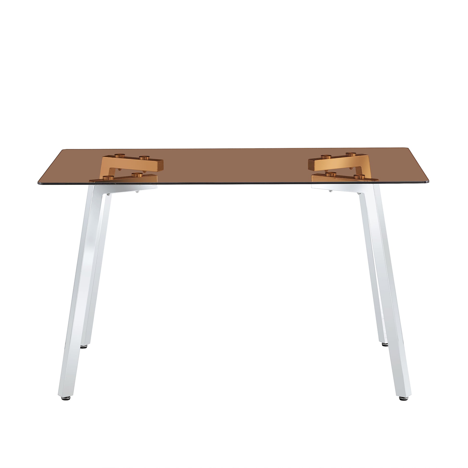 1 Table And 4 Chairs, Brown Tempered Glass Tabletop And Silver Metal Legs, Modern Minimalist Style Rectangular Glass Dining Table, Paired With 4 Modern Silver Metal Leg Chairs. 1123C 1162 Brown Seats 4 Glass
