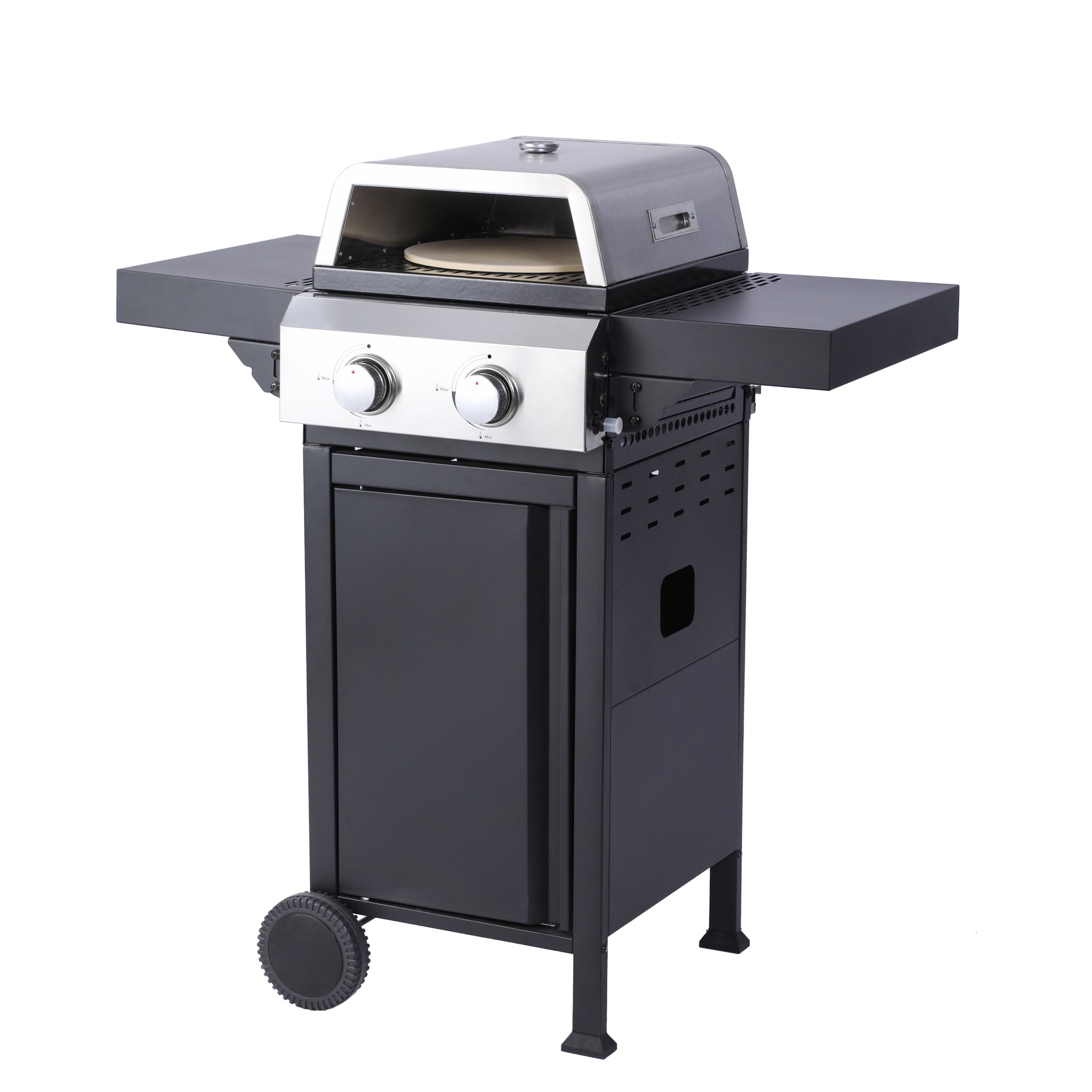 2 Burner Propane Gas Bbq Grill, Pizza Box, 24600Btu Output With Wire Enamel Cooking Grids For Outdoor Barbecue, Foldable Side Table, Hanging Basket, Stainless Steel Black And Silver Garden & Outdoor