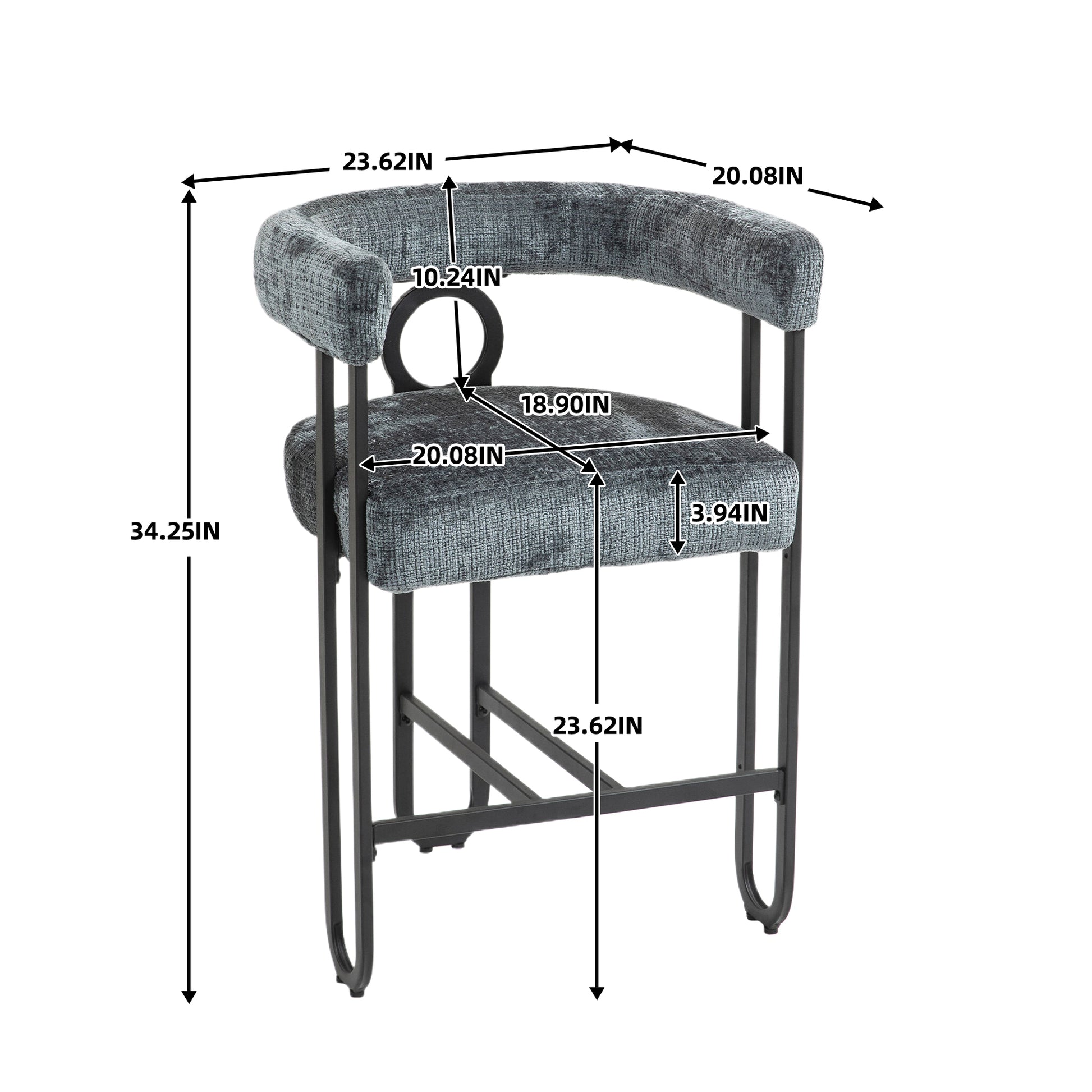 Coolmore Bar Stools Set Of 2, Modern Bar Stool With Back, Black Metal Frames, Upholstered Bar Stools For Kitchen Island, Pub, Club Gray Chenille Gray Dining Room Foam Chenille