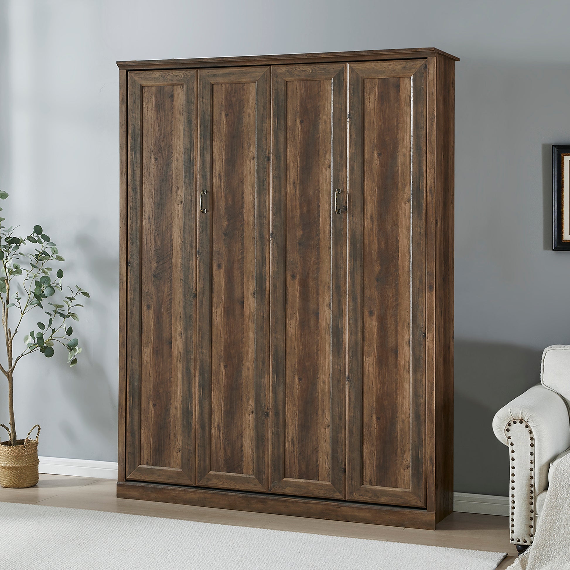 Queen Size Half Self Close And Open Murphy Bed Cabinet Space Saving Bed Perfect For Guest Room, For Bed Room, Guest Room, Home Office, Brown Box Spring Not Required Queen Brown Wood Brown Pine Murphy Pine