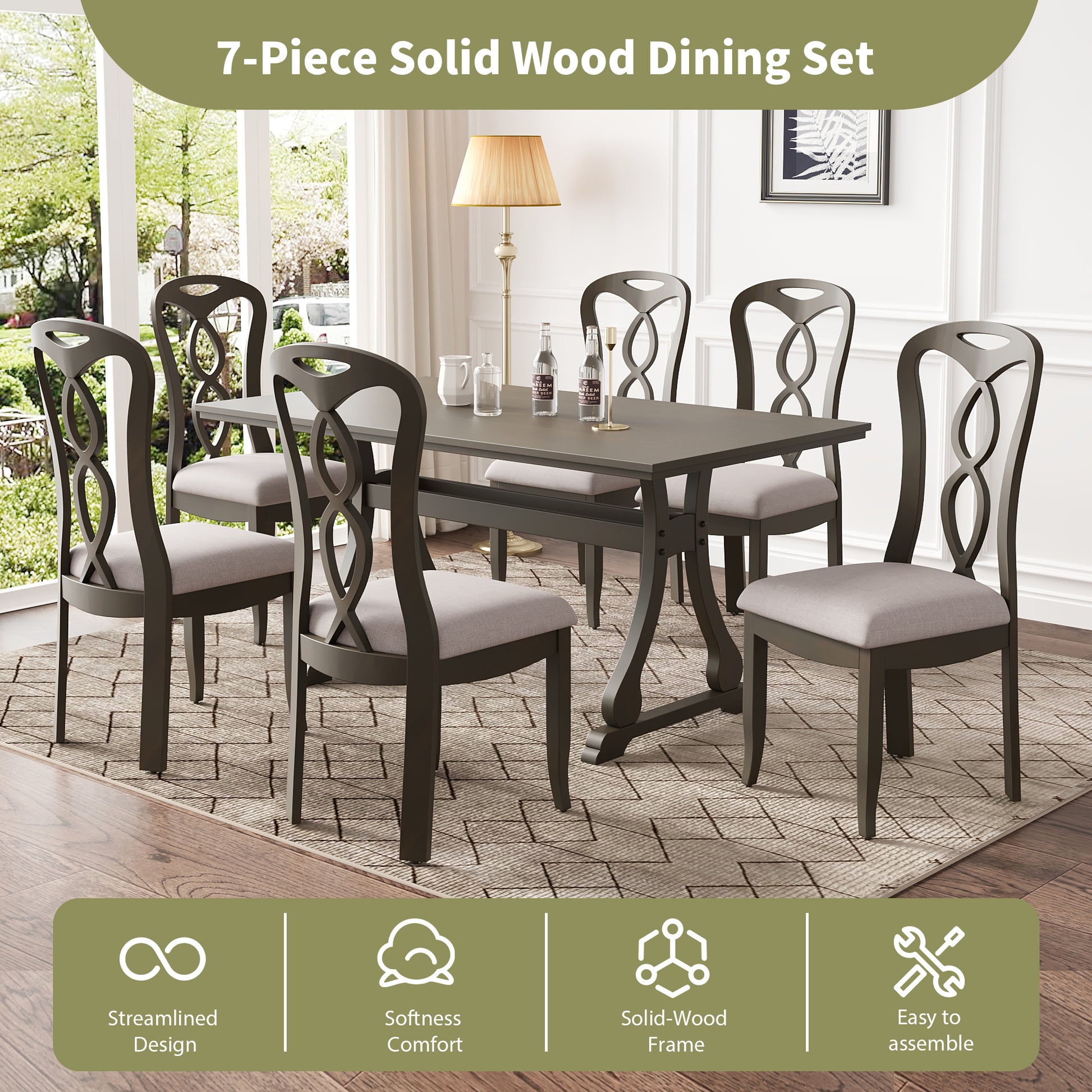 Retro 7 Piece Trestle Dining Table Set With Upholstered Dining Chairs, Smooth Dining Backs For Dining Room, Living Room, Kitchen, Gray Upholstered Chair Wood Gray Seats 6 Wood Dining Room Solid Wood Rubberwood Trestle Rectangular Foam Dining Table With
