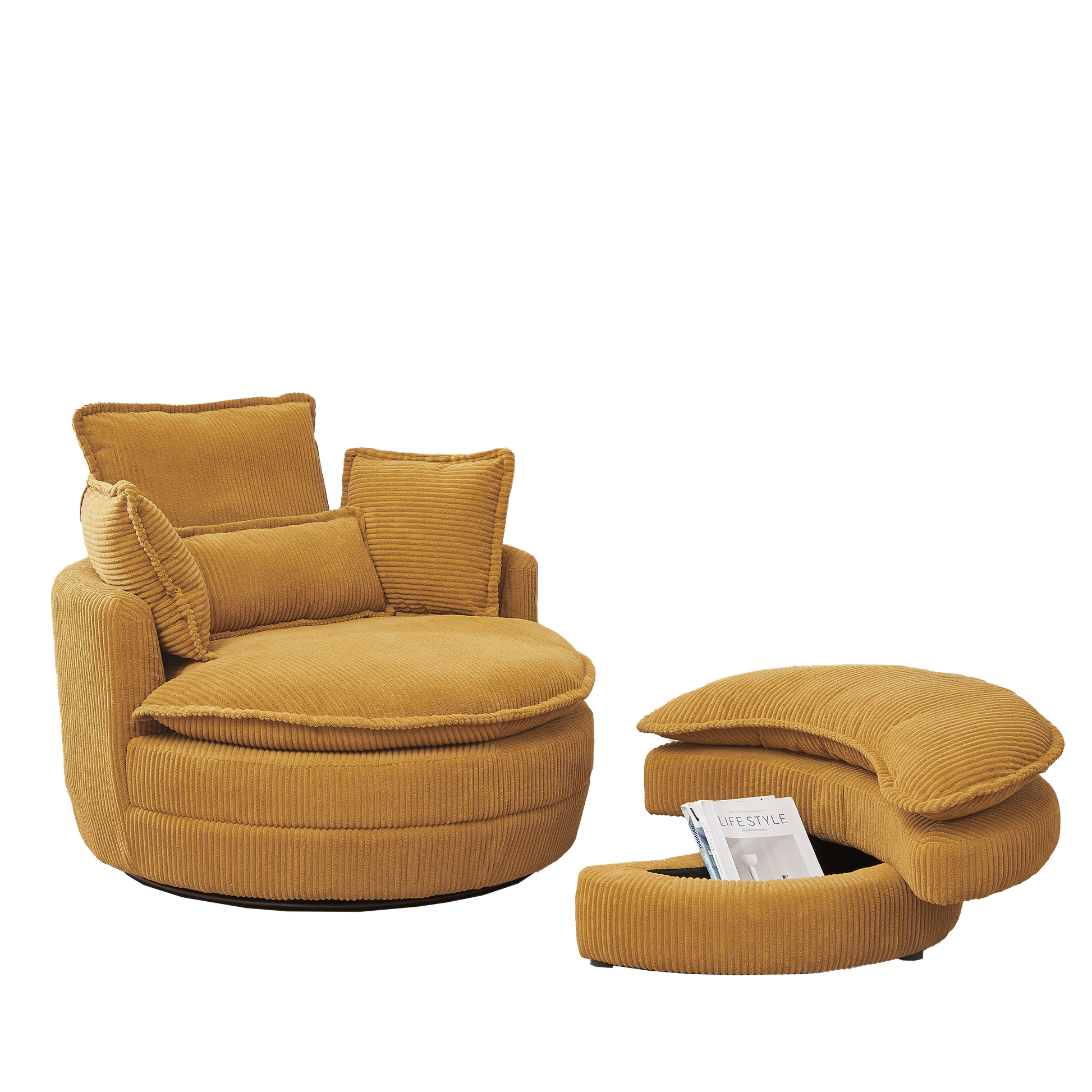 38"W Oversized Swivel Chair With Moon Storage Ottoman For Living Room, Modern Accent Round Loveseat Circle Swivel Barrel Chairs For Bedroom Cuddle Sofa Chair Lounger Armchair, 4 Pillows,Corduroy Yellow Foam Corduroy 1 Seat