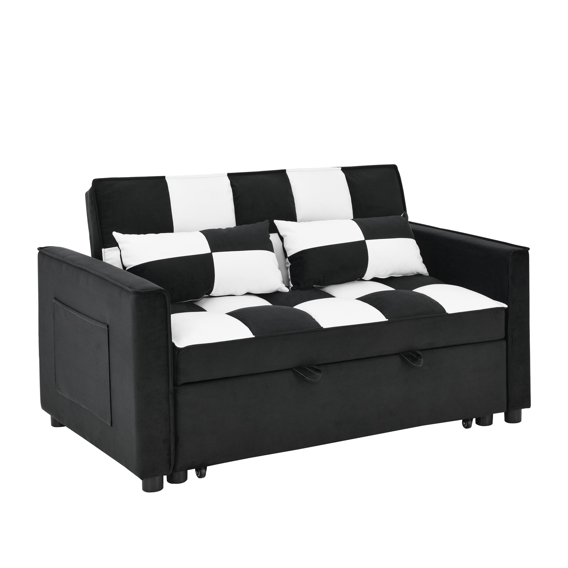 Modern Velvet Seat Sofa Couch Pull Out Bed,3 In One Convertible For Living Room Sofa Bed,Black White Black White Velvet Primary Living Space Cushion Back Medium Soft Medium Duty American Design Pillow Top Arms Foam Velvet 2 Seat