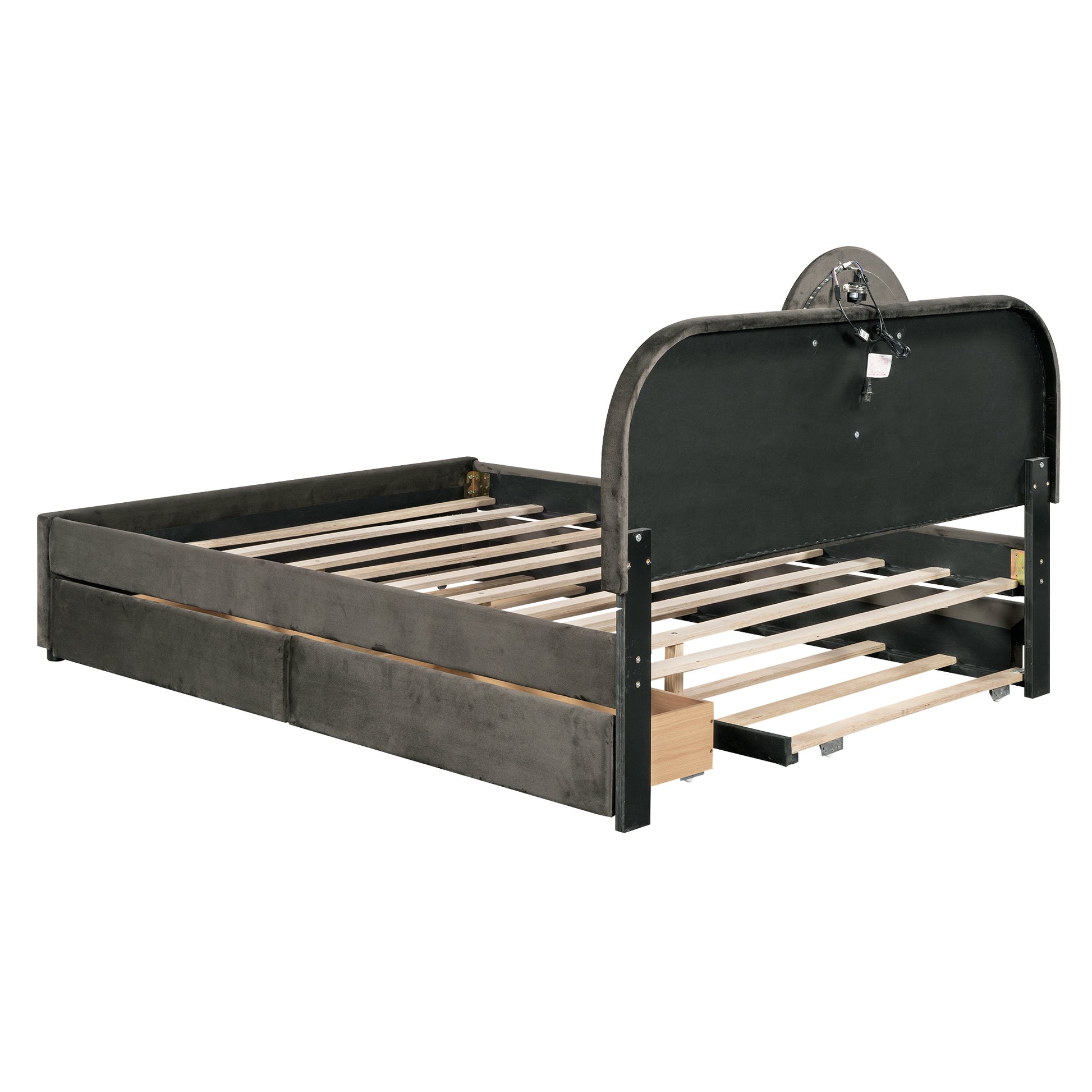 Queen Size Upholstered Platform Bed With Multi Functional Headboard, Trundle And 2 Drawers, Gray Box Spring Not Required Queen Gray Wood Bedroom Upholstered