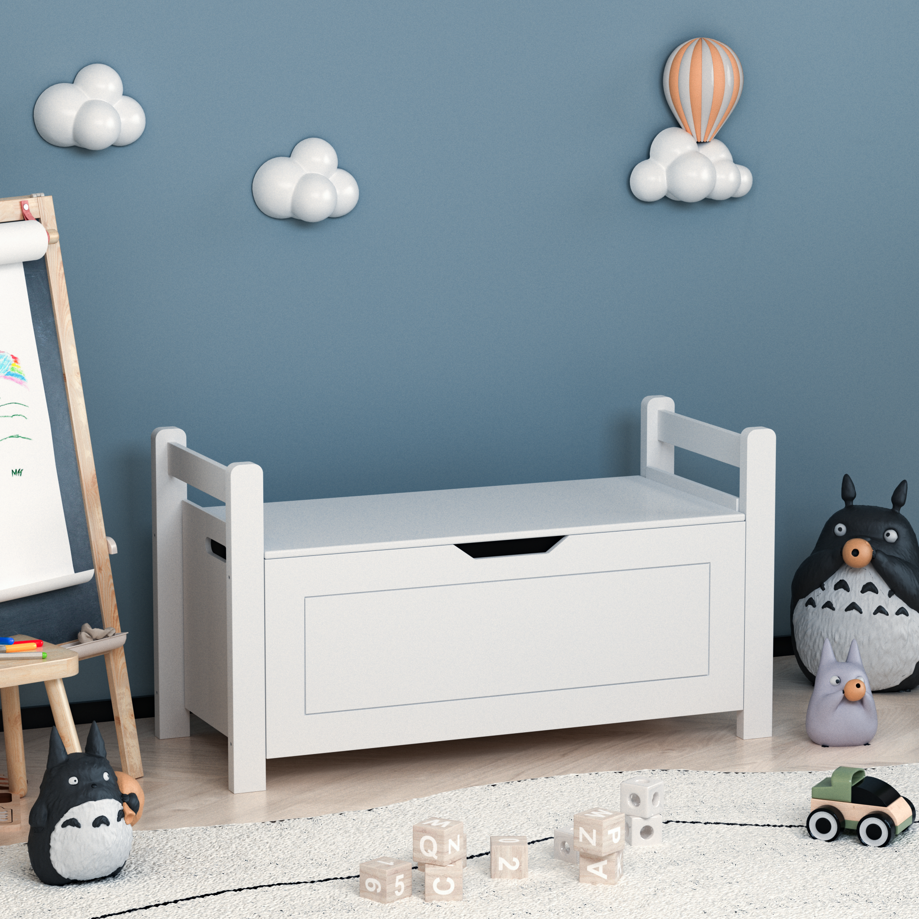 Kids Toy Box Chest, White Rubber Wood Toy Box For Boys Girls, Large Storage Cabinet With Flip Top Lid Safety Hinge, Toy Storage Organizer Trunk For Nursery, Playroom White Mdf