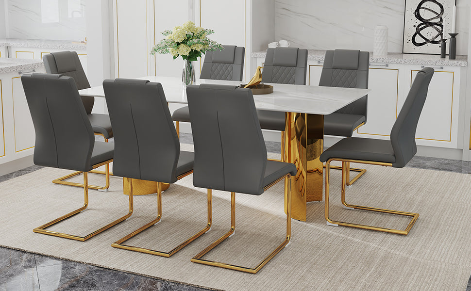 Table And Chair Set.The Table Has A Glass Tabletop With Imitation Marble Pattern Stickers And Stainless Steel Golden Table Legs. Paried With Comfortable Chairs With Pu Seats And Metal Legs. White Gold Seats 8 Glass Metal