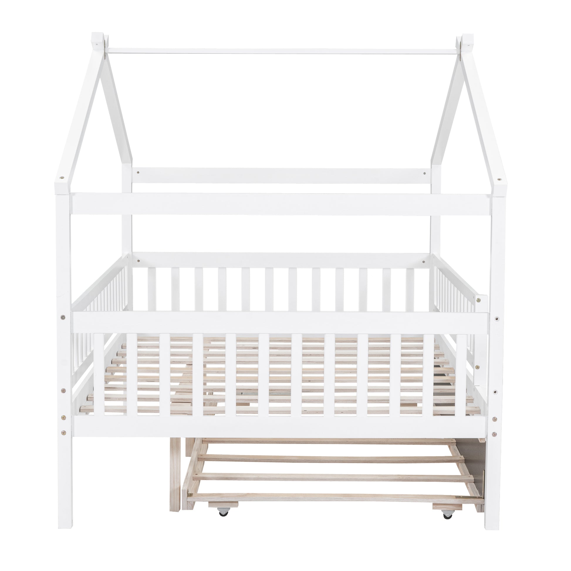 Full Size Wooden House Bed With Twin Size Trundle, White Full White Solid Wood Mdf