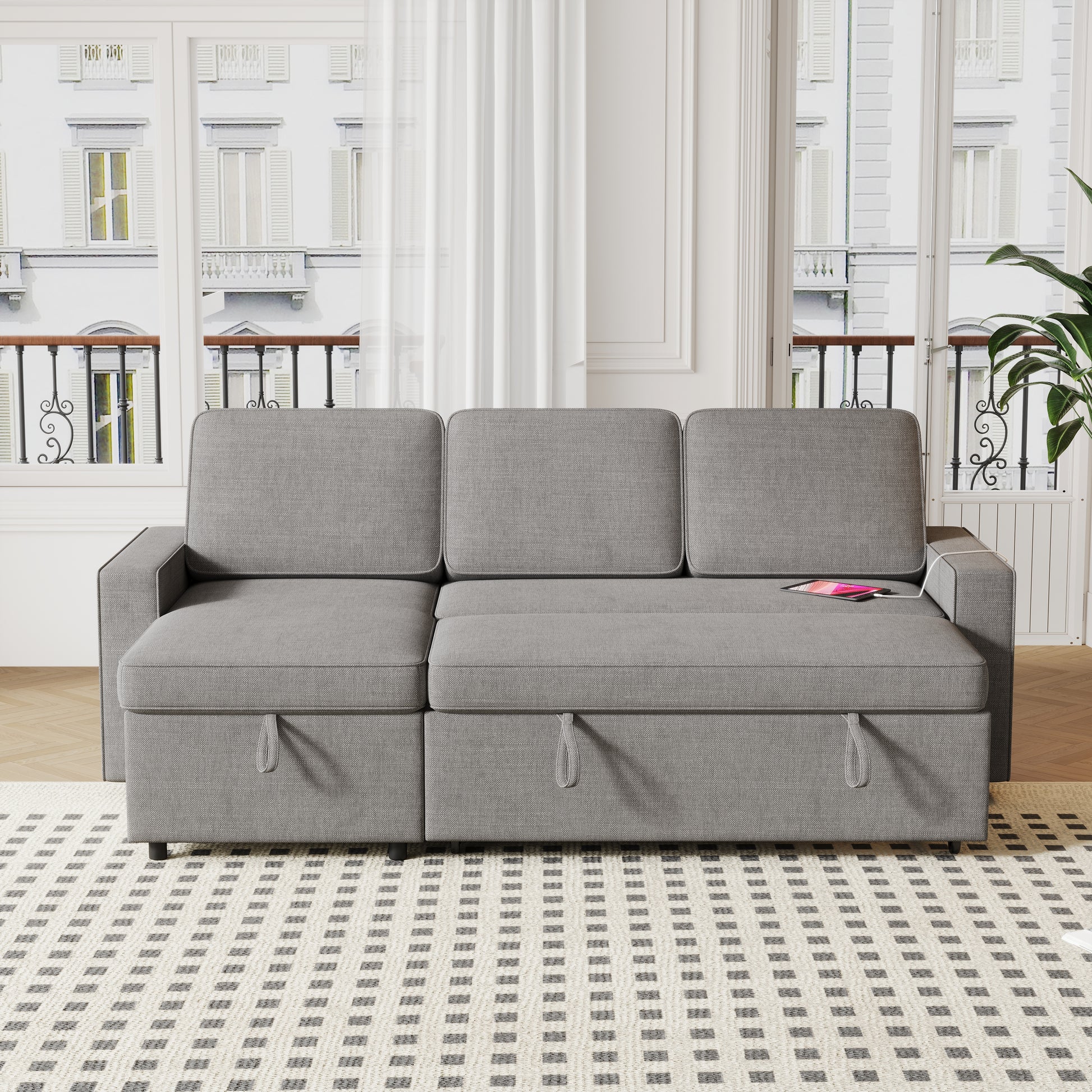 85.8" Pull Out Sleeper Sofa L Shaped Couch Convertible Sofa Bed With Storage Chaise And Storage Racks,With Usb Port And T Pyce Port Dark Grey Fabric 3 Seat