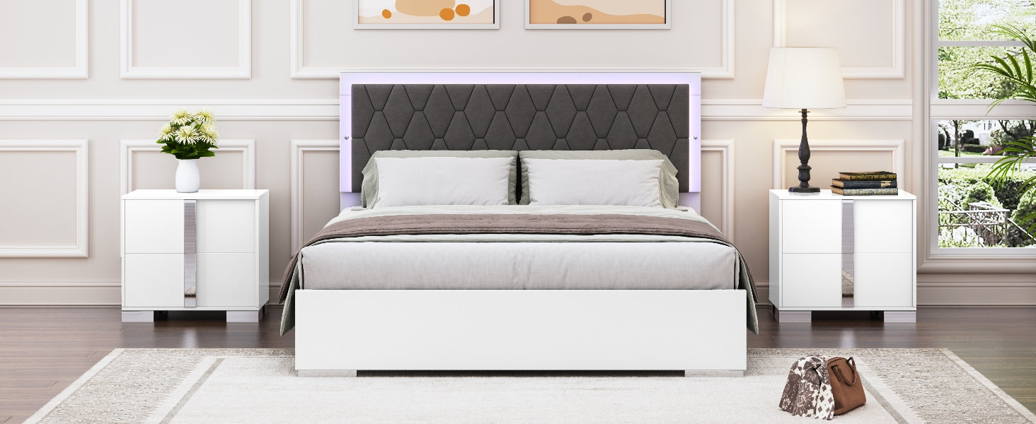 Queen Size Upholstered Bed With Led Light,Modern Platform Bed With With Velvet Headboard,White Queen White Mdf