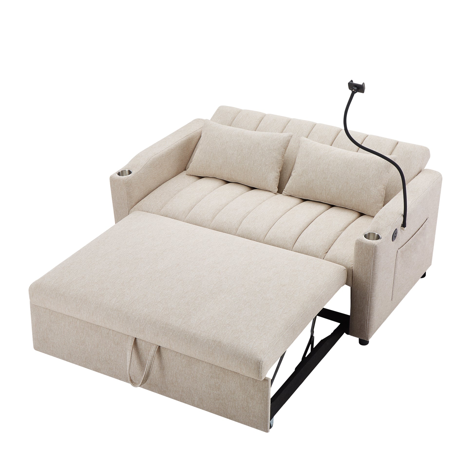 55.9" Convertible Sofa Bed Loveseat Sofa With Three Usb Ports, Two Side Pockets, Two Cup Holders And 360 Swivel Phone Holder For Living Room, Beige Beige Foam Polyester