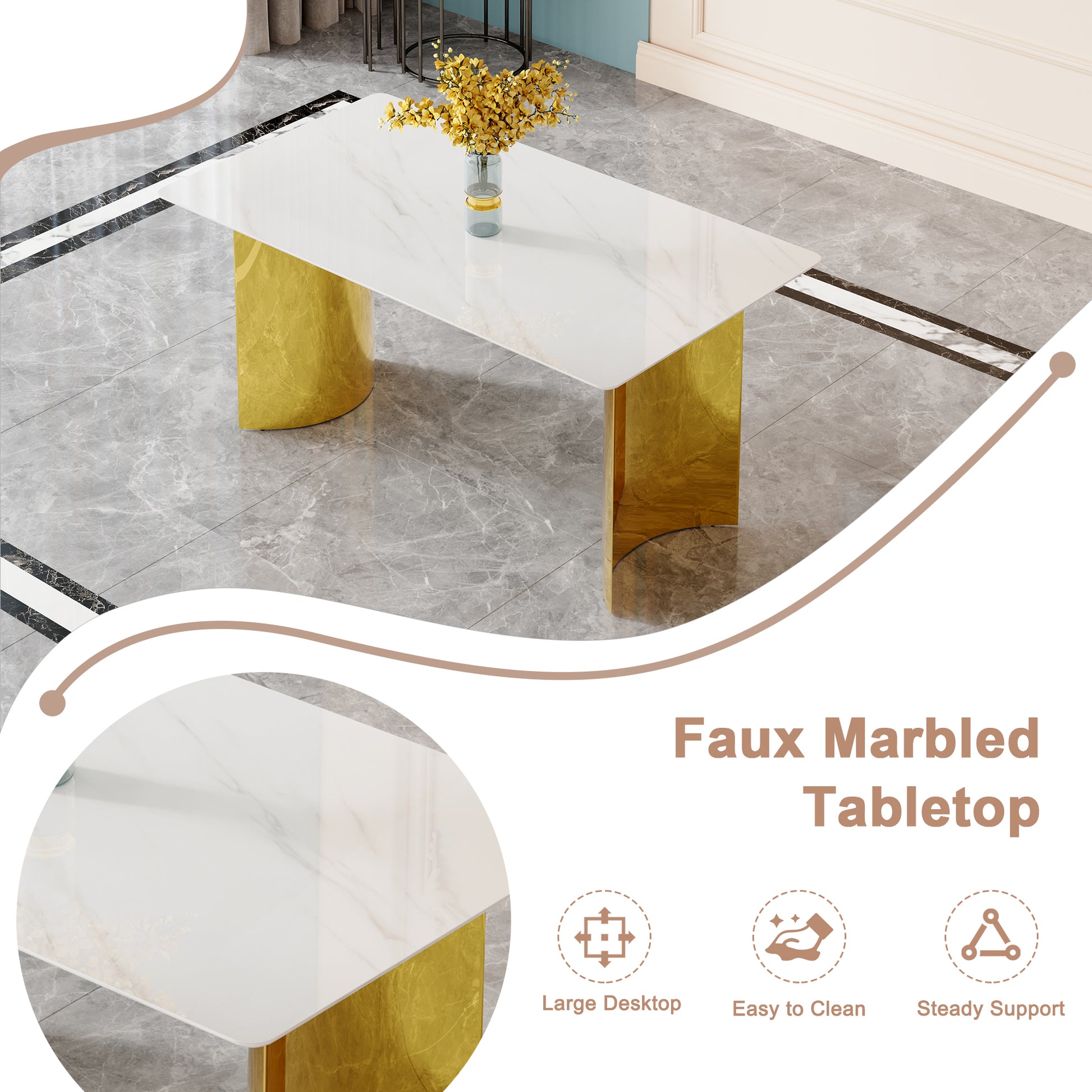 Modern Minimalist Dining Table. White Imitation Marble Glass Sticker Tabletop, Golden Table Legs, Stable And Beautiful. Suitable For Living Room And Dining Room 63" *35.4" *30 Dt 69 White Glass